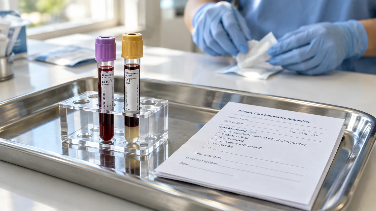 Blood collection tubes in a rack beside a laboratory requisition form on a metal medical tray.