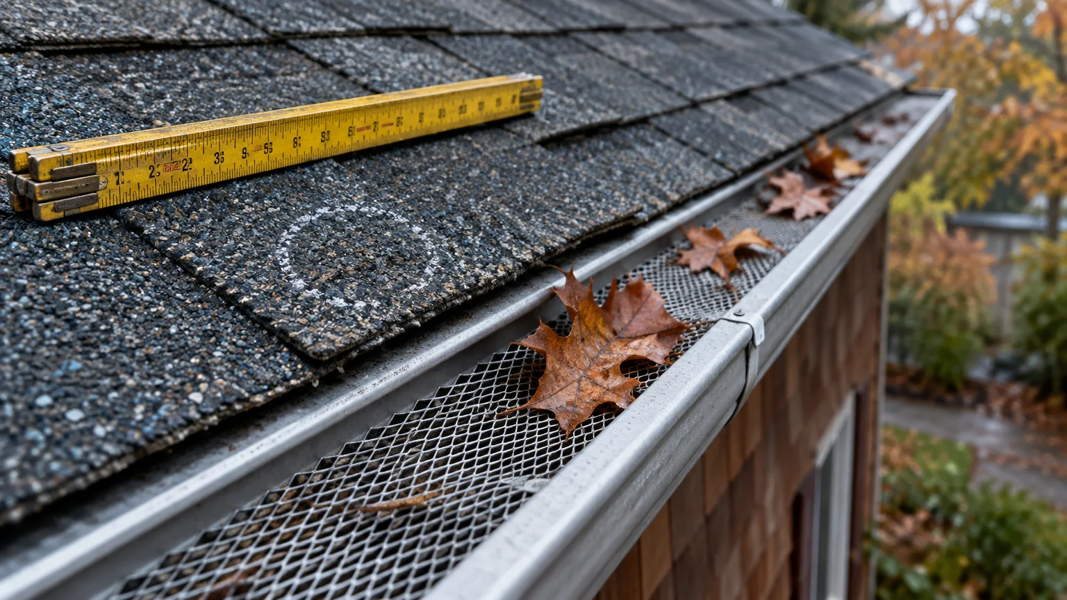 Yellow folding ruler and chalk circle on roof shingles above a metal gutter with mesh guard and fallen autumn leaves.