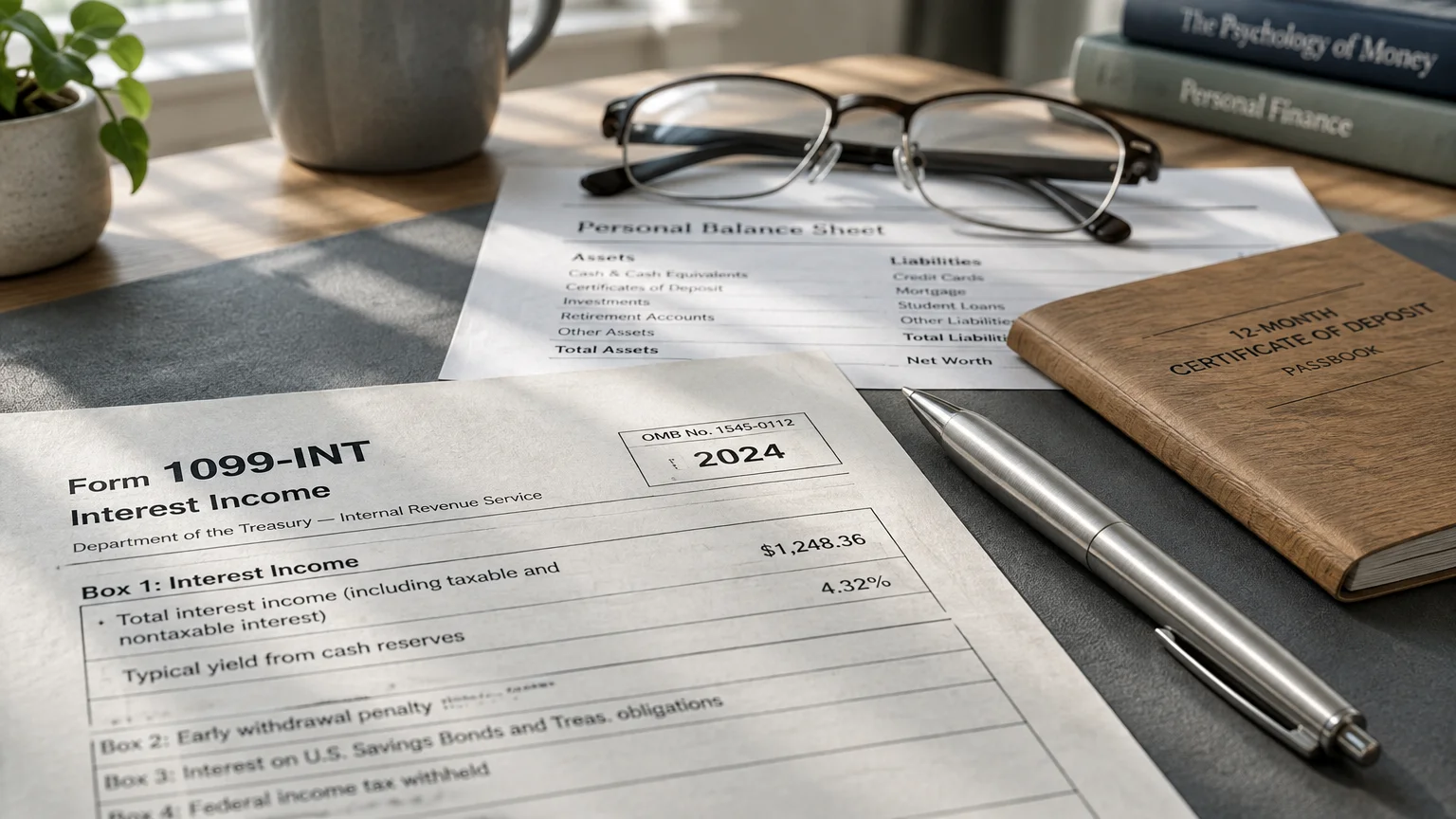 A 2024 Form 1099-INT on a desk alongside a pen, glasses, balance sheet, and a certificate of deposit passbook.