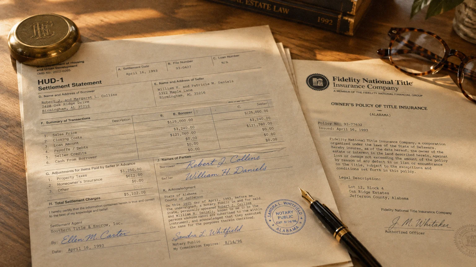 A HUD-1 settlement statement and title insurance document beside a fountain pen and eyeglasses on a wooden desk.