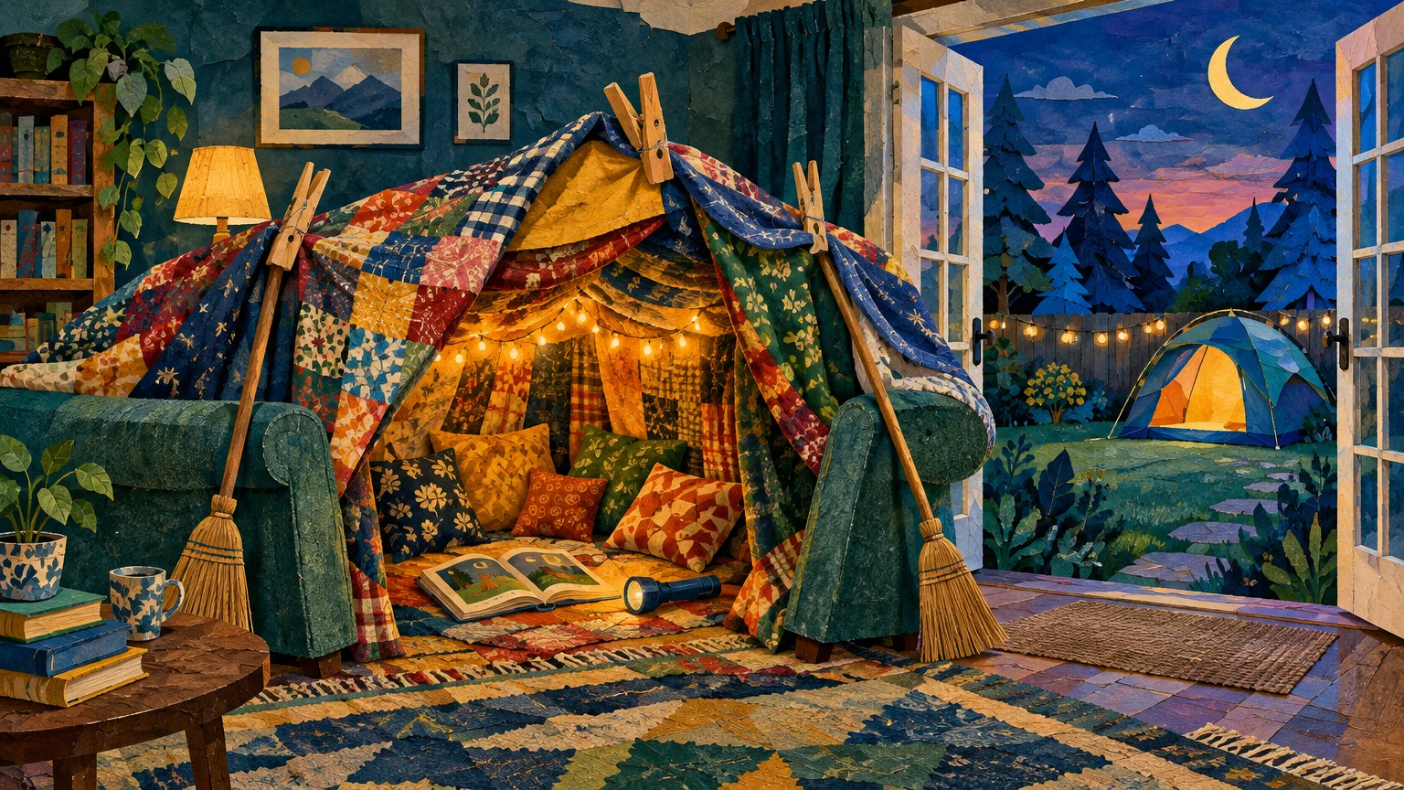 Cozy quilt fort with string lights between armchairs, opening to a backyard with an illuminated camping tent at night.