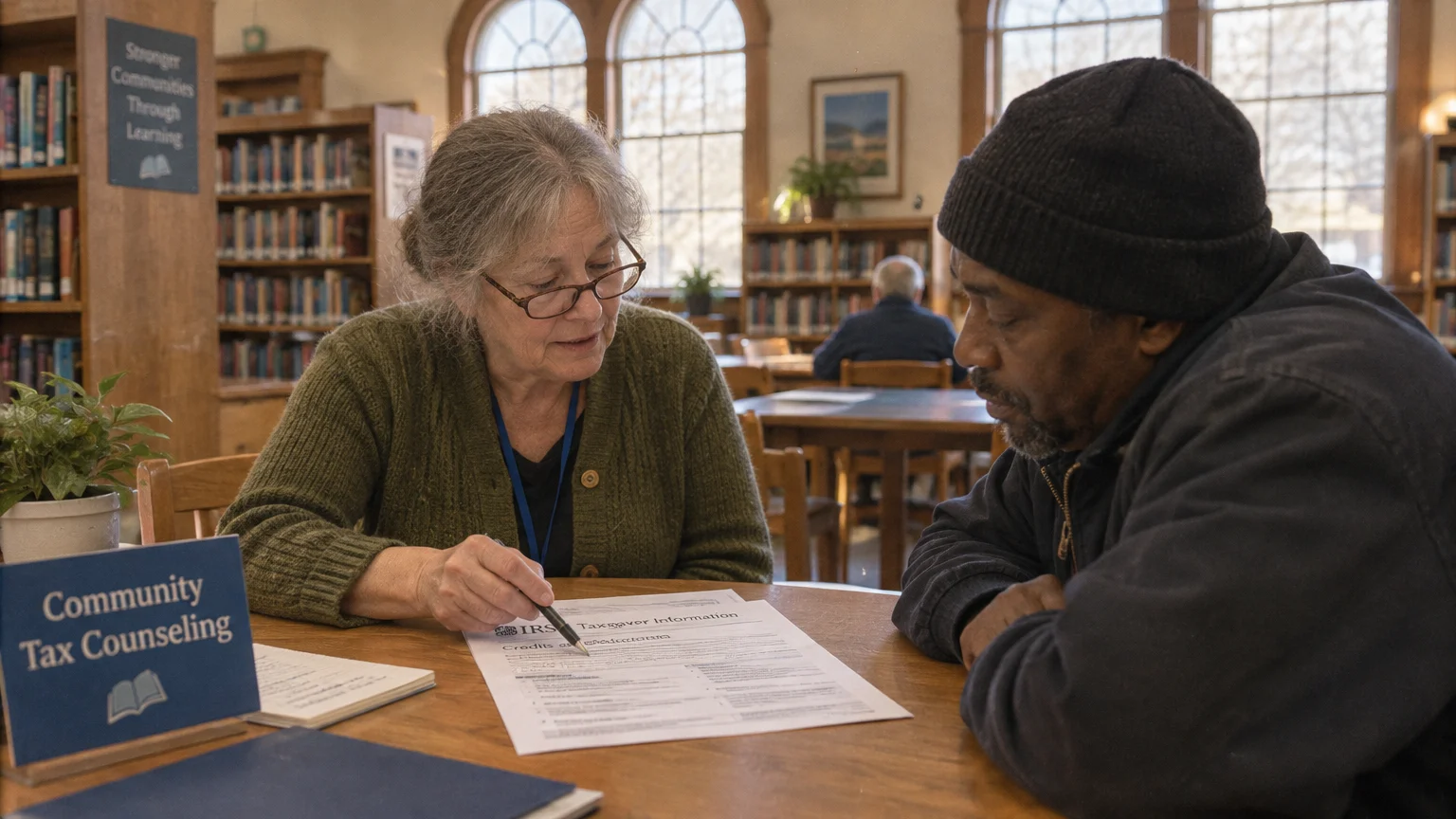 A woman assists a man reviewing tax documents at a library table next to a Community Tax Counseling sign.