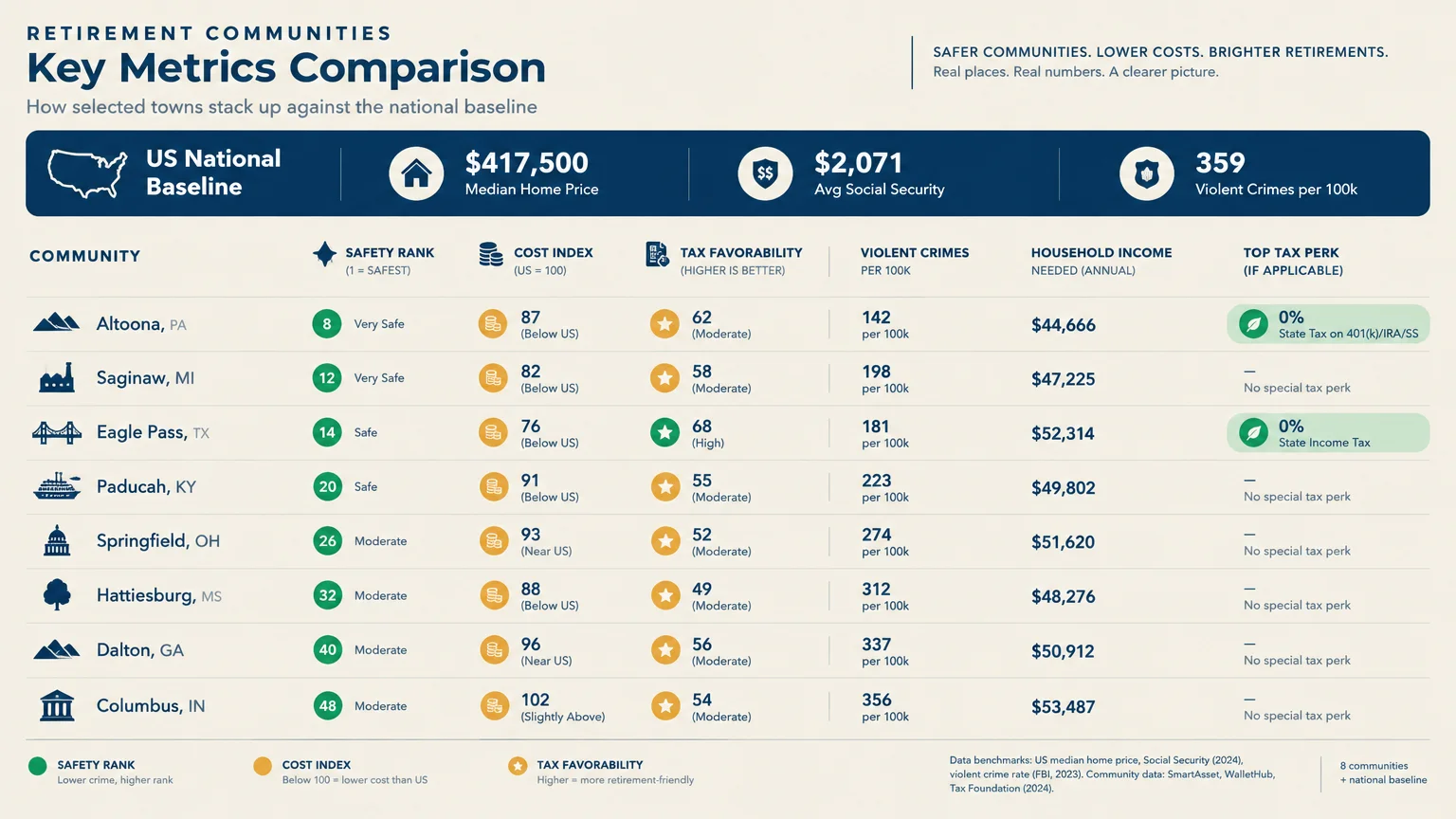 Table comparing eight retirement communities on safety rank, cost index, violent crimes per 100k, and annual income needed.