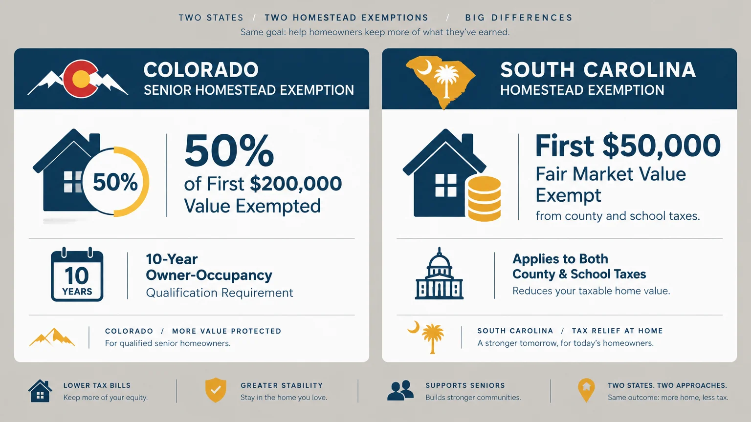 Infographic comparing senior homestead exemptions in Colorado and South Carolina with key qualification terms and values.