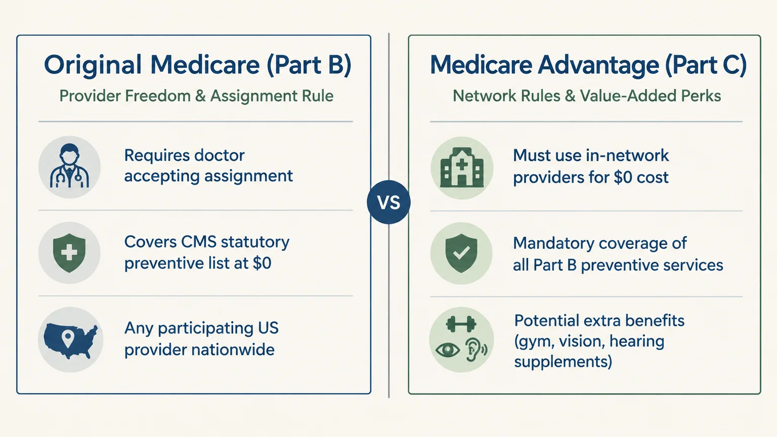 Comparison diagram contrasting Original Medicare Part B rules with Medicare Advantage Part C features.