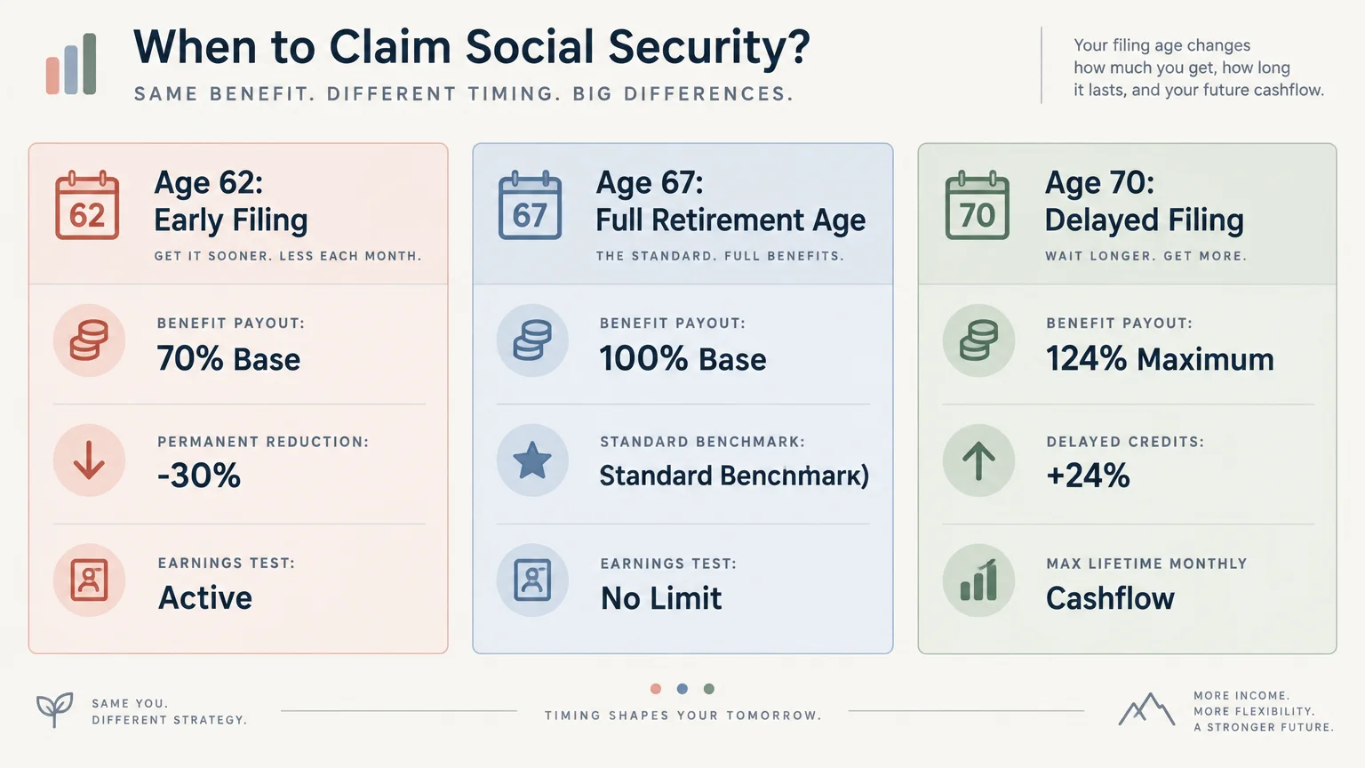 Comparison chart contrasting Social Security filing outcomes at age 62, full retirement age 67, and delayed filing at age 70.