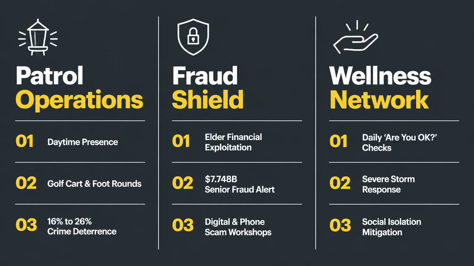 Infographic listing three safety pillars: Patrol Operations, Fraud Shield, and Wellness Network, each with three numbered points.