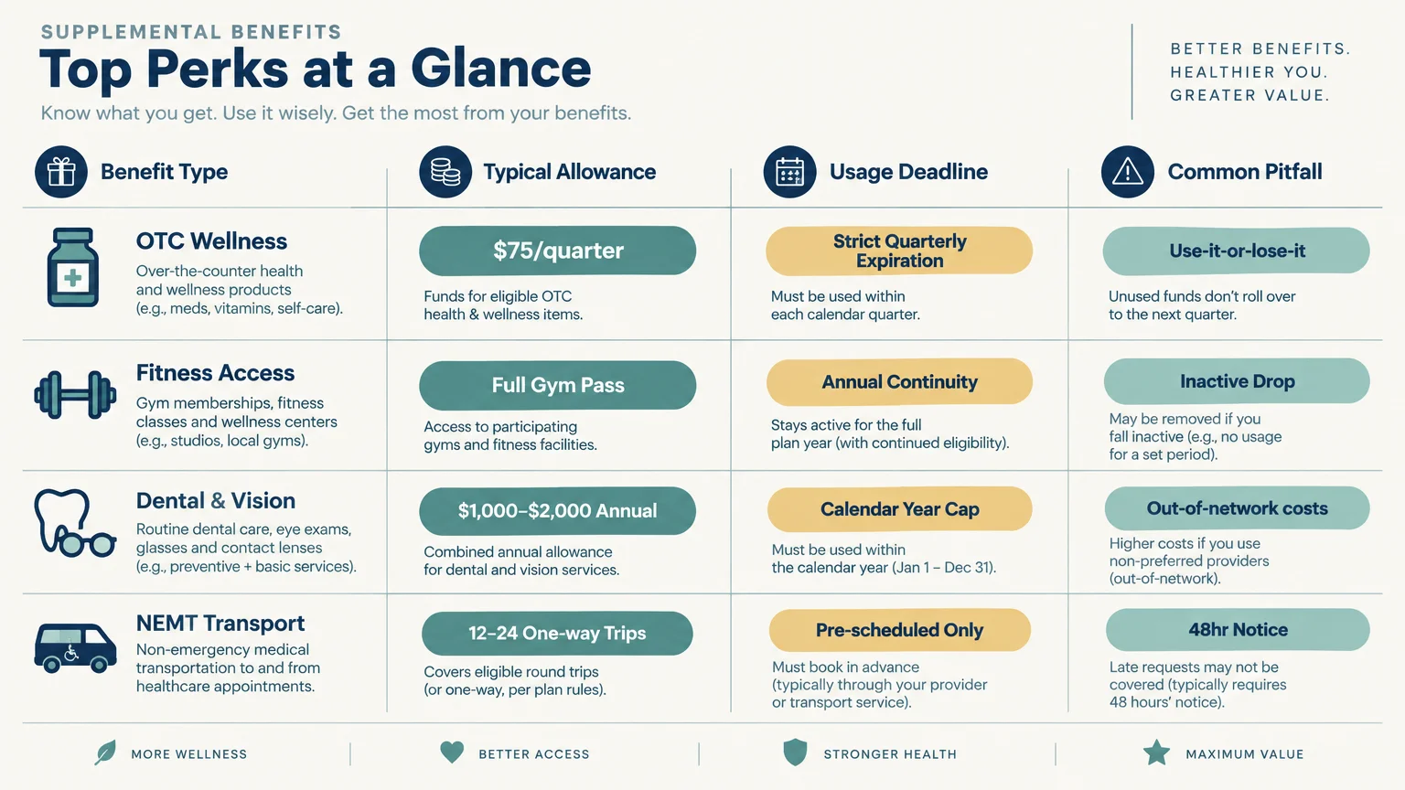 Table titled Top Perks at a Glance comparing OTC Wellness, Fitness Access, Dental & Vision, and NEMT Transport perks.
