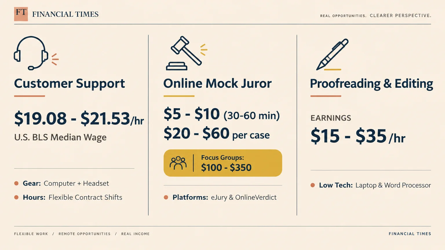 Three-panel graphic comparing pay and tech needs for customer support, online mock juror, and proofreading roles.
