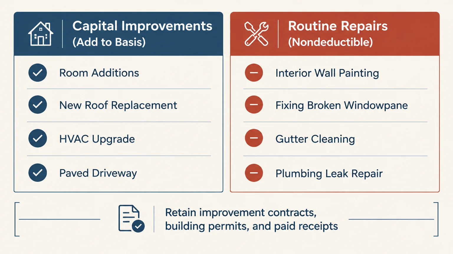 Chart comparing capital improvements that add to basis against nondeductible routine repairs, noting key records to retain.