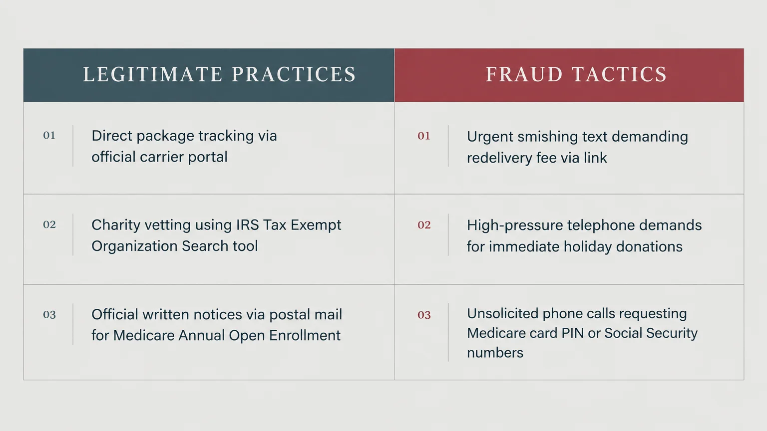 A comparison table listing three legitimate practices side by side with corresponding fraud tactics in numbered rows.