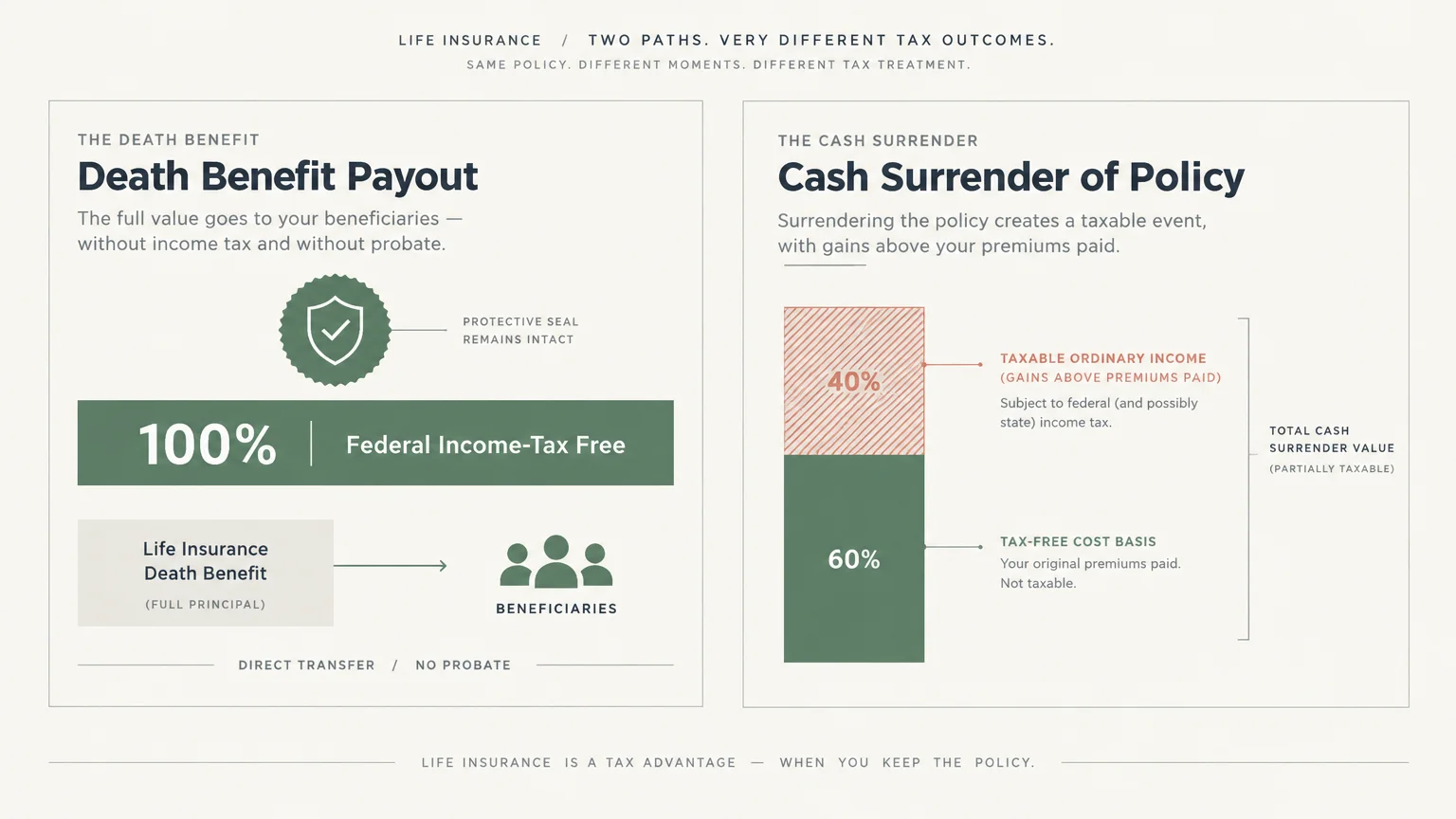 Diagram comparing tax-free death benefit payouts against taxable policy surrenders divided into cost basis and gains.