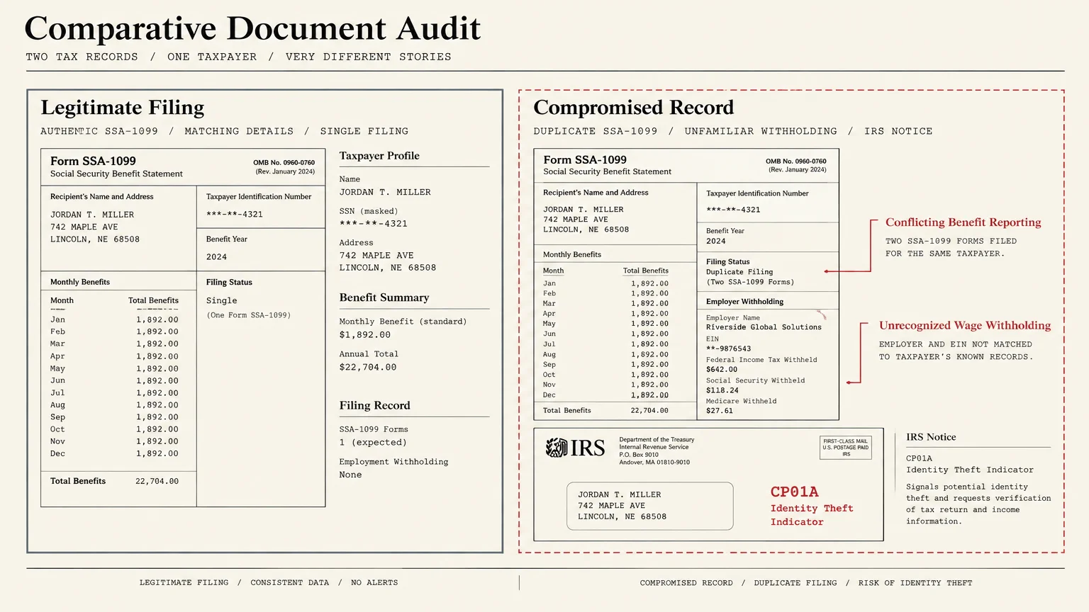 Diagram comparing a legitimate SSA-1099 filing side by side with a compromised record showing duplicate filing and an IRS notice.