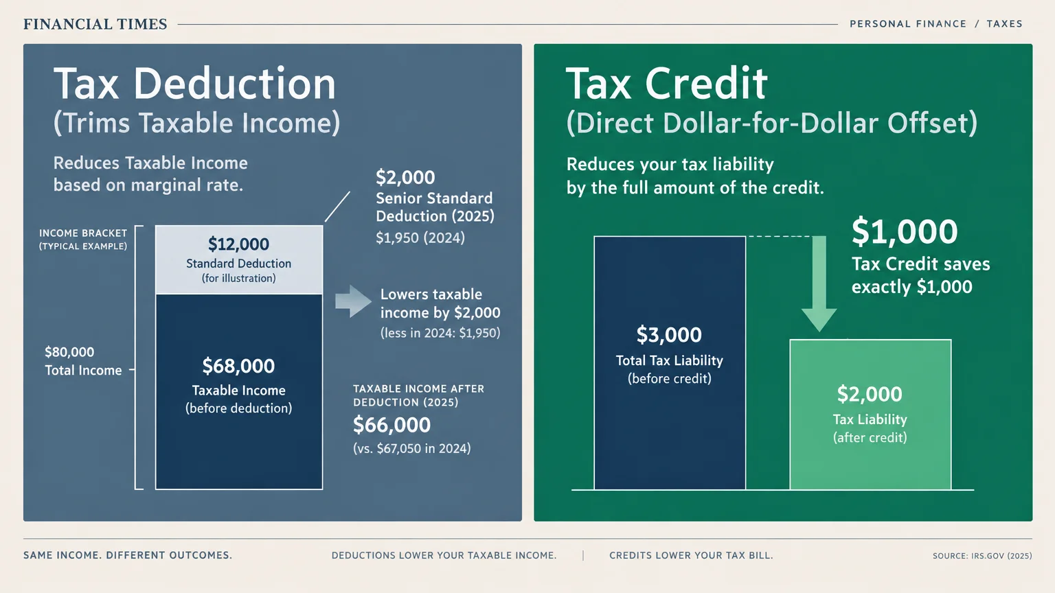 Diagram comparing a tax deduction trimming taxable income against a tax credit reducing final tax liability from $3,000 to $2,000.