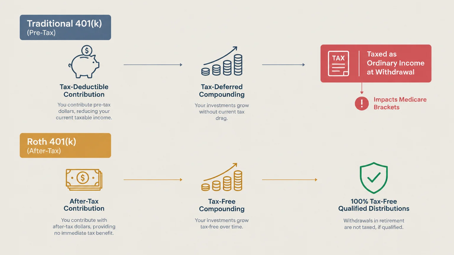 Flowchart comparing Traditional and Roth 401(k) processes across contributions, compounding growth, and withdrawals.