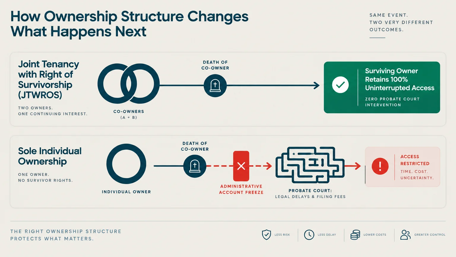 Diagram comparing joint tenancy with survivorship versus sole ownership outcomes after the death of an account owner.