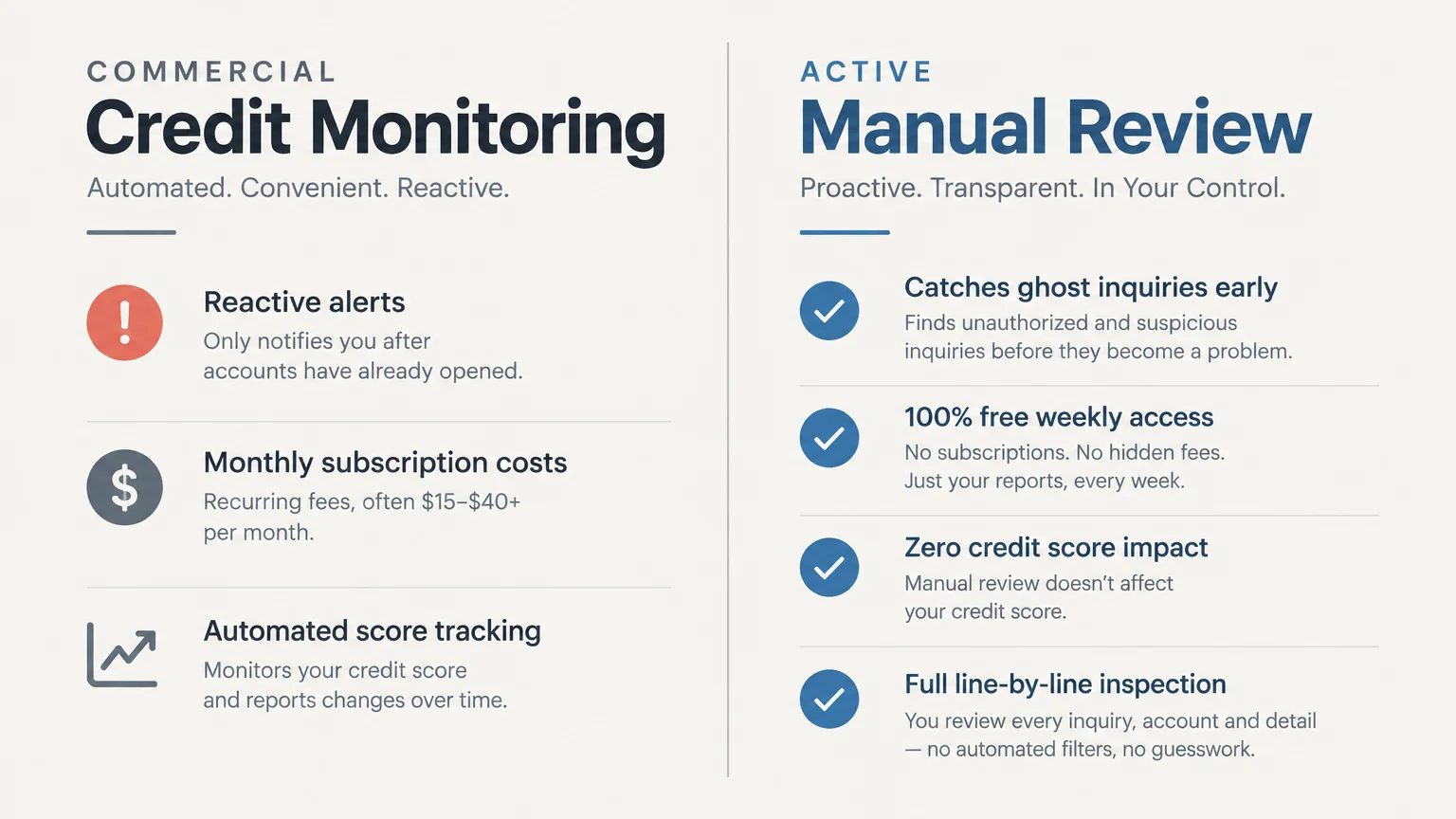 Comparison chart contrasting commercial credit monitoring points with active manual review checkmarks.