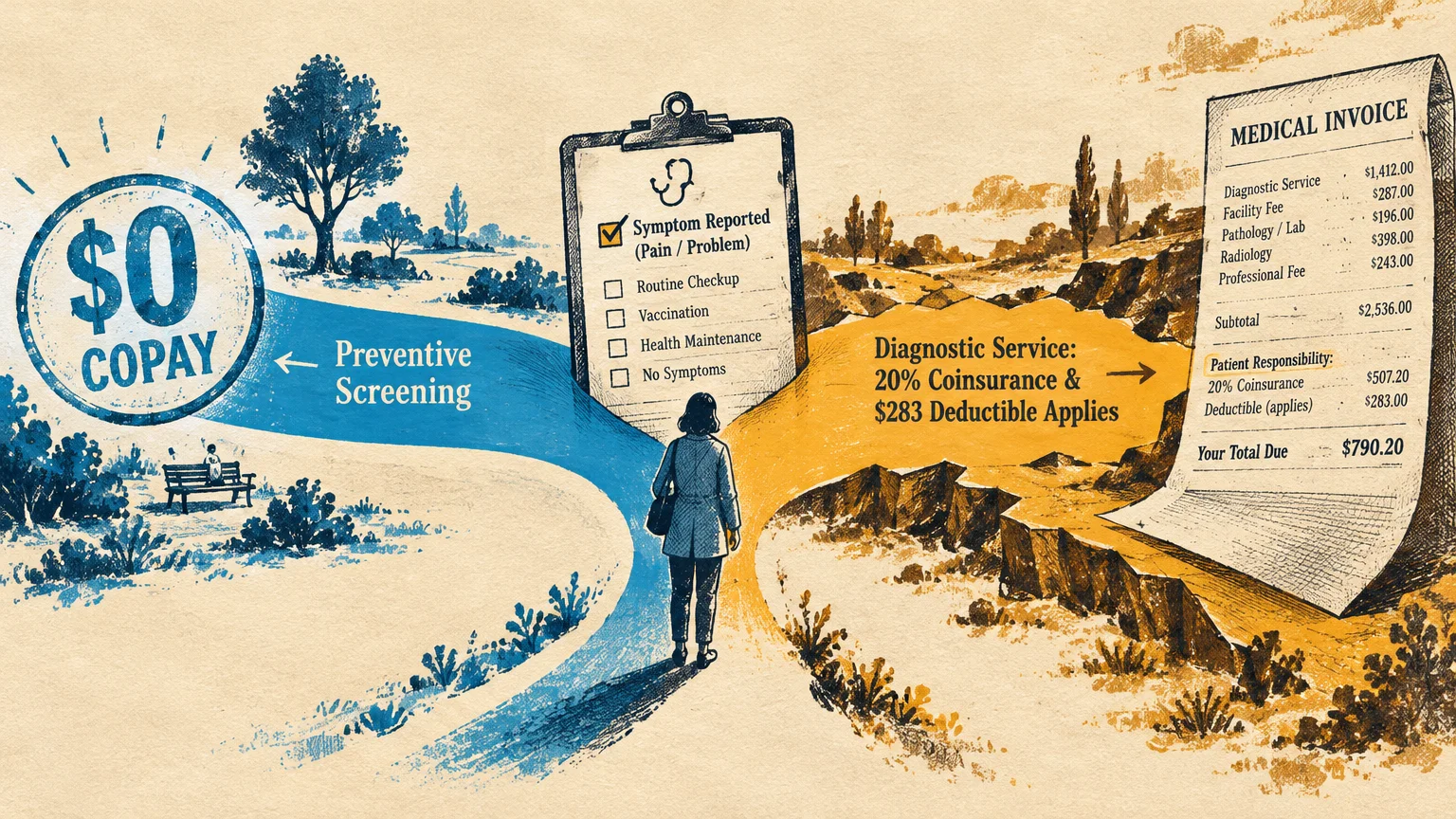 Woman at a fork between a blue path to a $0 copay screening and an orange path to an expensive medical invoice.