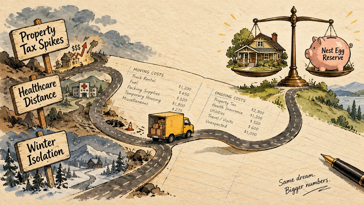 Illustration of a moving truck on a winding road marked with cost lists, road signs, and a balance scale.