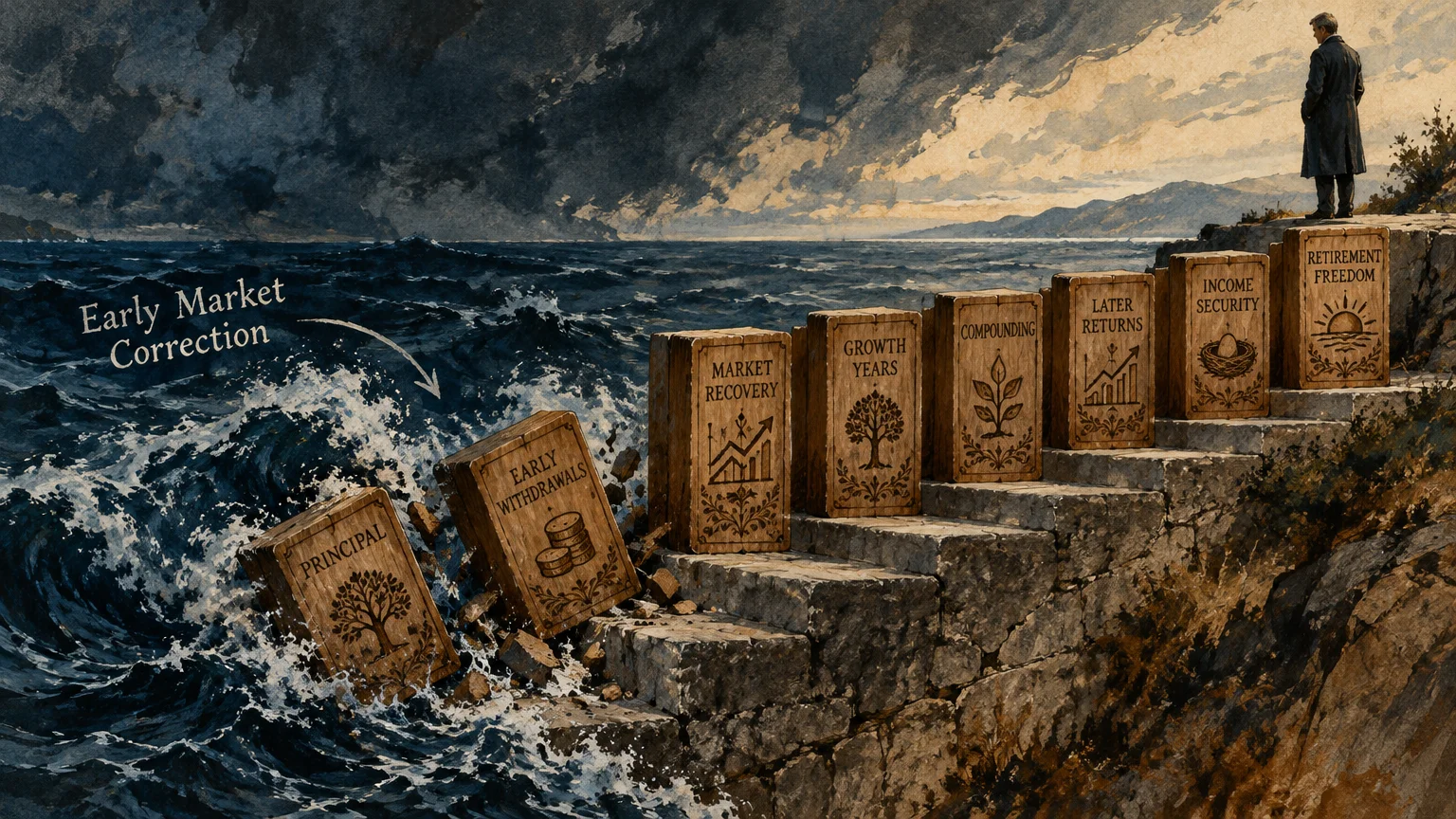 Stone steps beside a stormy sea where wooden blocks topple into waves as a man in a coat watches from the top.