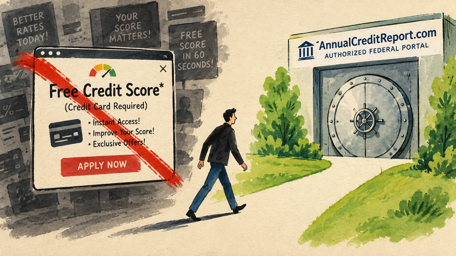 A man walks away from a crossed-out pop-up credit ad toward a secure vault labeled AnnualCreditReport.com.