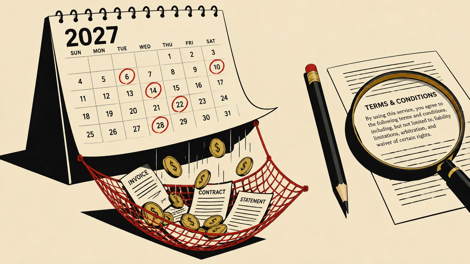 Illustration of a 2027 calendar dropping coins and bills into a net beside terms and conditions under a magnifying glass.