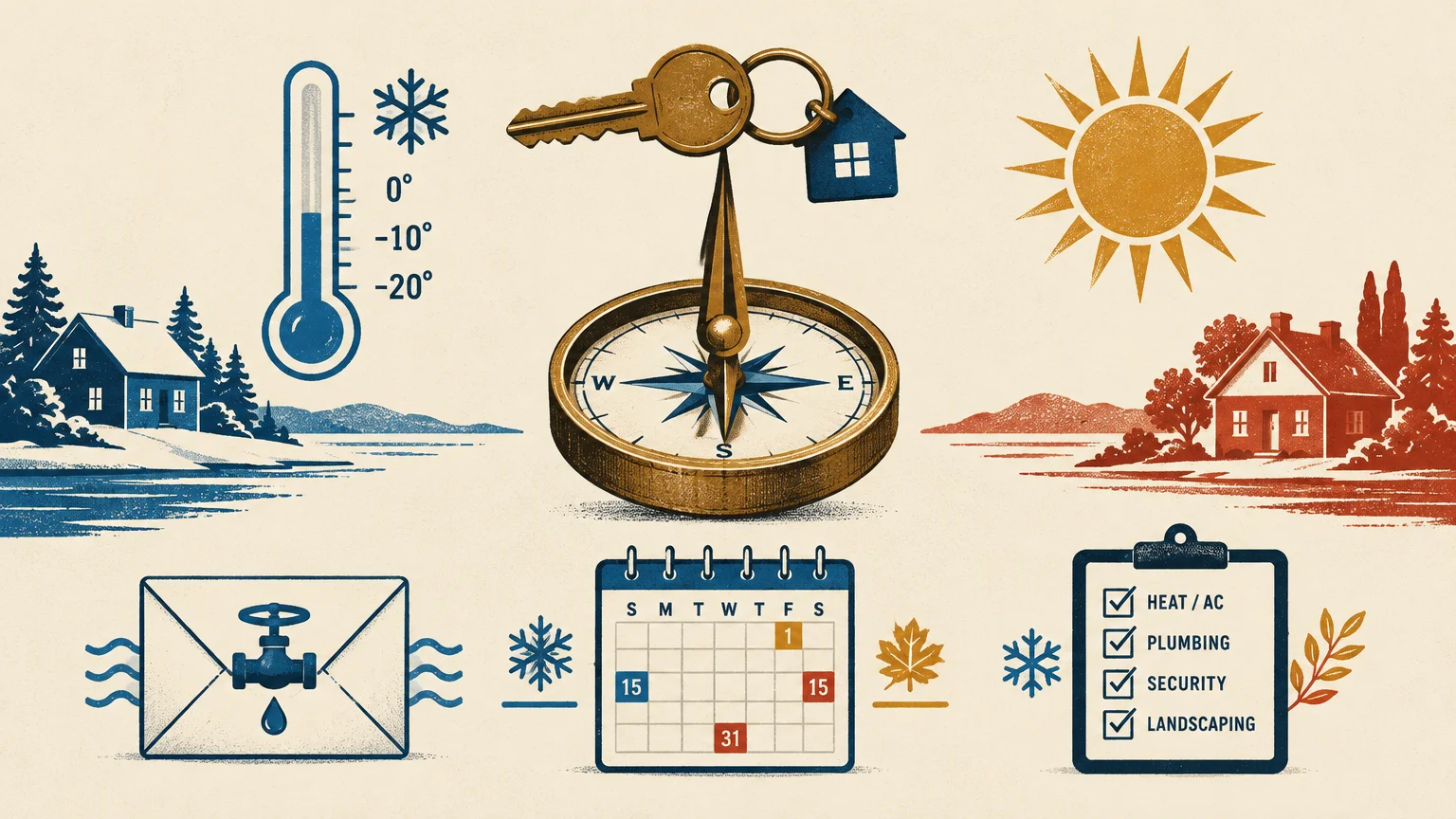 Illustration of seasonal migration icons including a compass, house keys, thermometer, calendar, and home maintenance checklist.