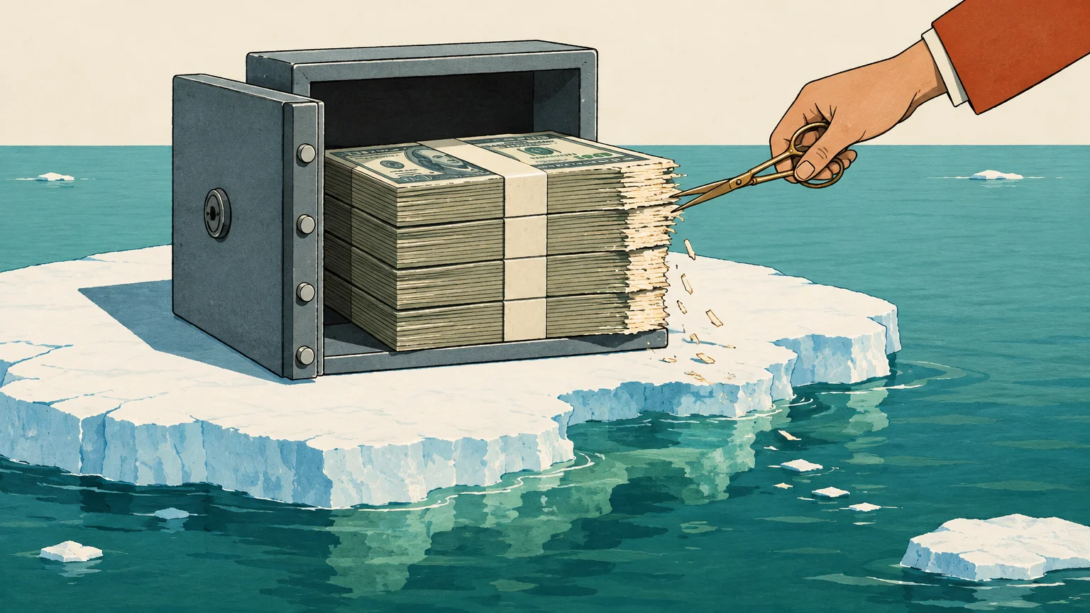 Open safe on a melting iceberg filled with cash, as a hand uses scissors to snip the edges of the dollar bills.
