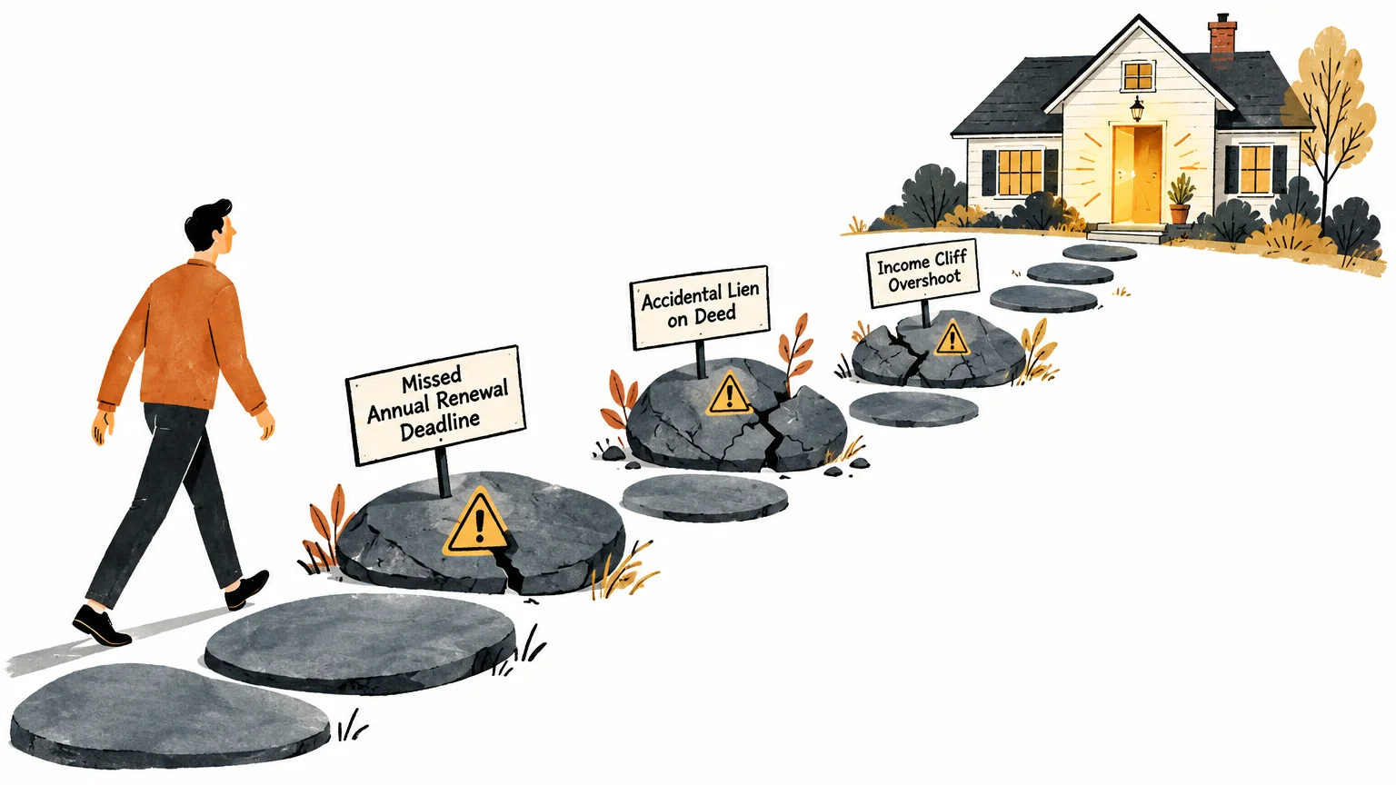 A man walks on a stone path toward a house past cracked stepping stones bearing warning signs.