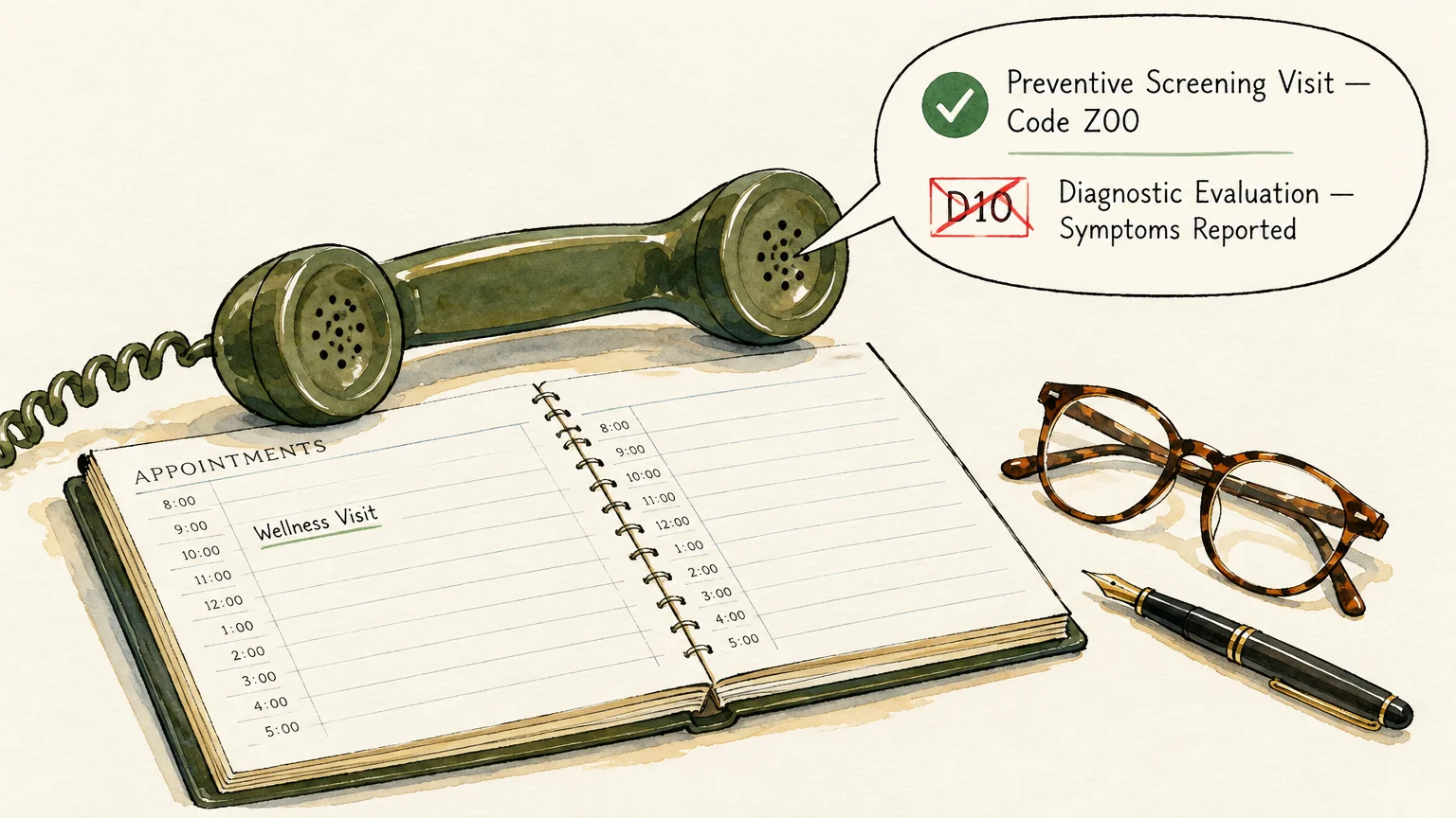 Telephone receiver beside an open appointment book, glasses, pen, and a speech bubble with medical billing codes.