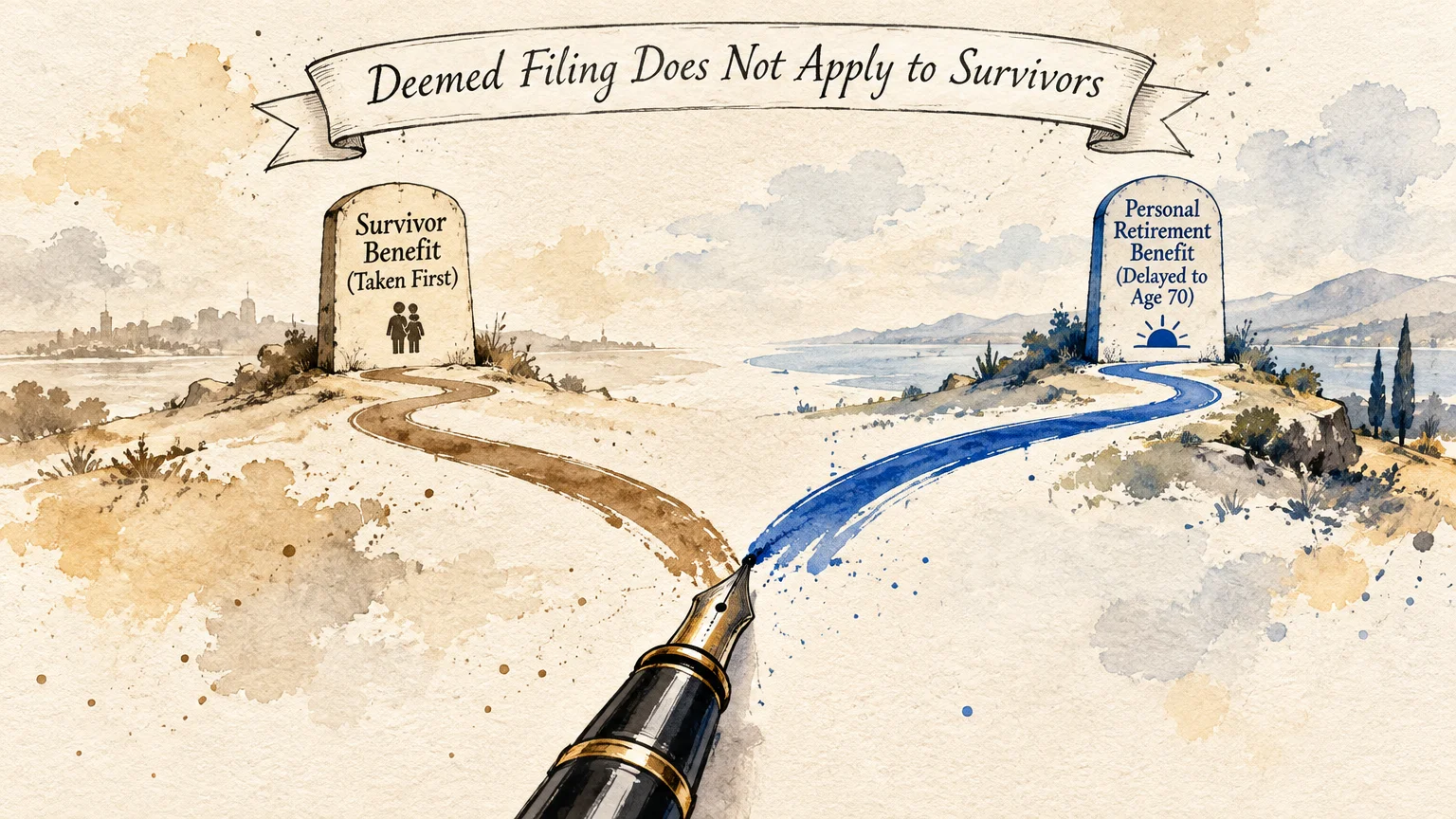 Fountain pen drawing two divergent paths toward stone markers labeled survivor benefit and personal retirement benefit.