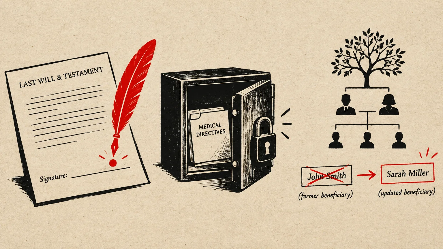 Illustration of a will with a quill, a safe containing medical directives, and a family tree showing an updated beneficiary.