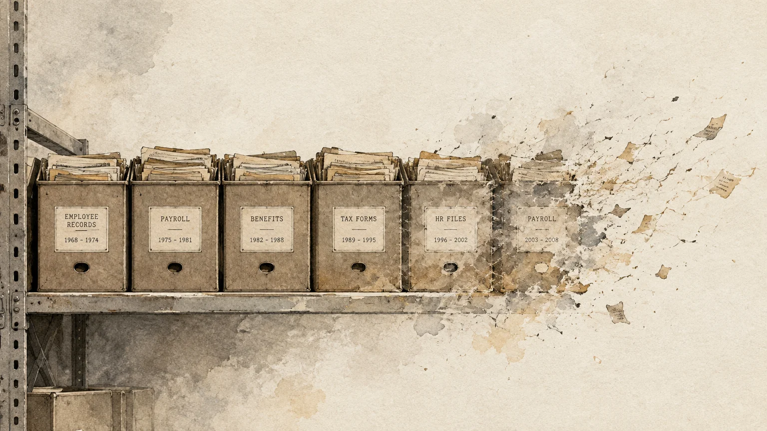 Illustration of archive boxes on a metal shelf labeled by year, with the rightmost boxes disintegrating into flying pieces.