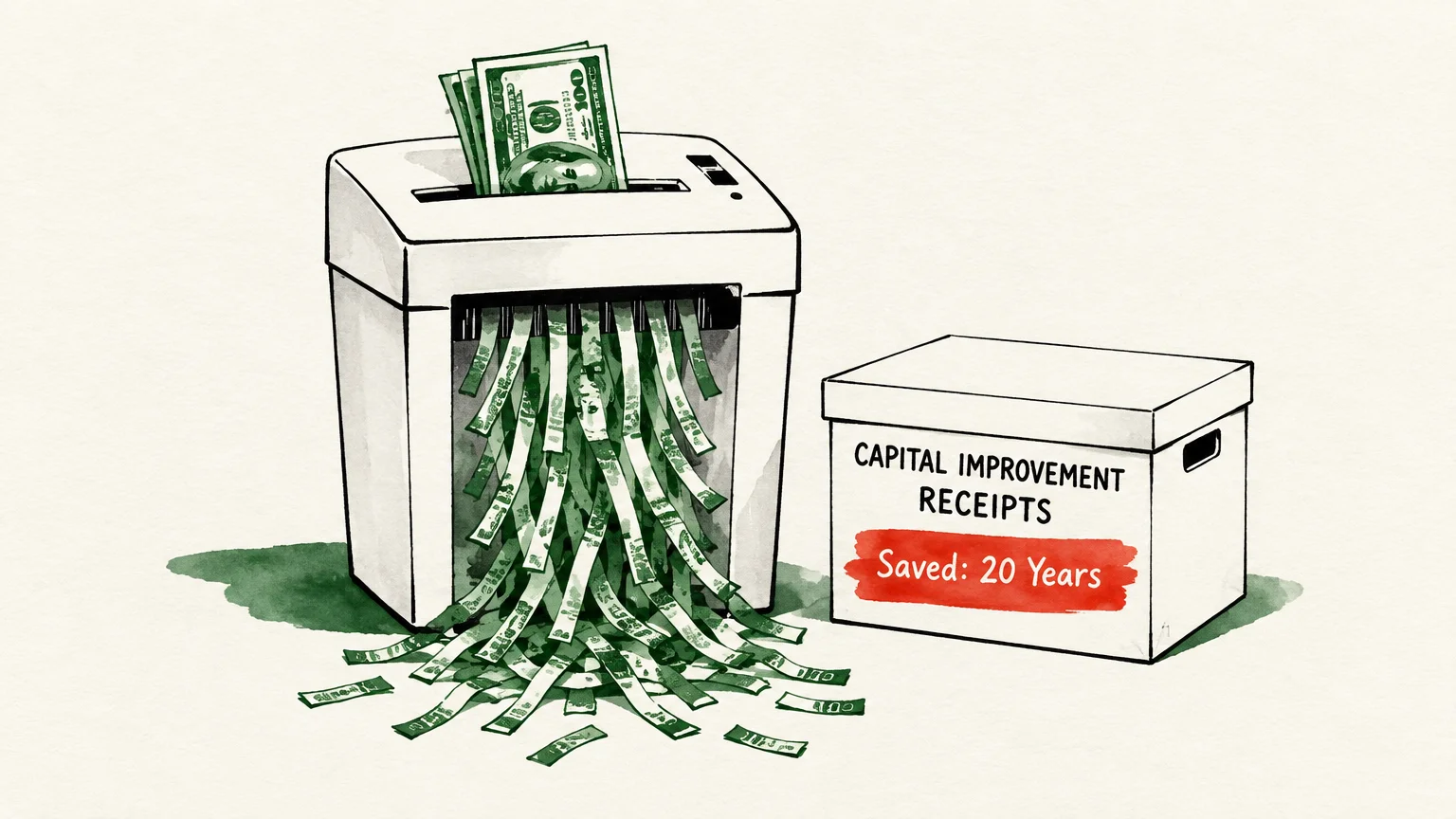 Paper shredder shredding dollar bills next to a storage box labeled capital improvement receipts saved twenty years.