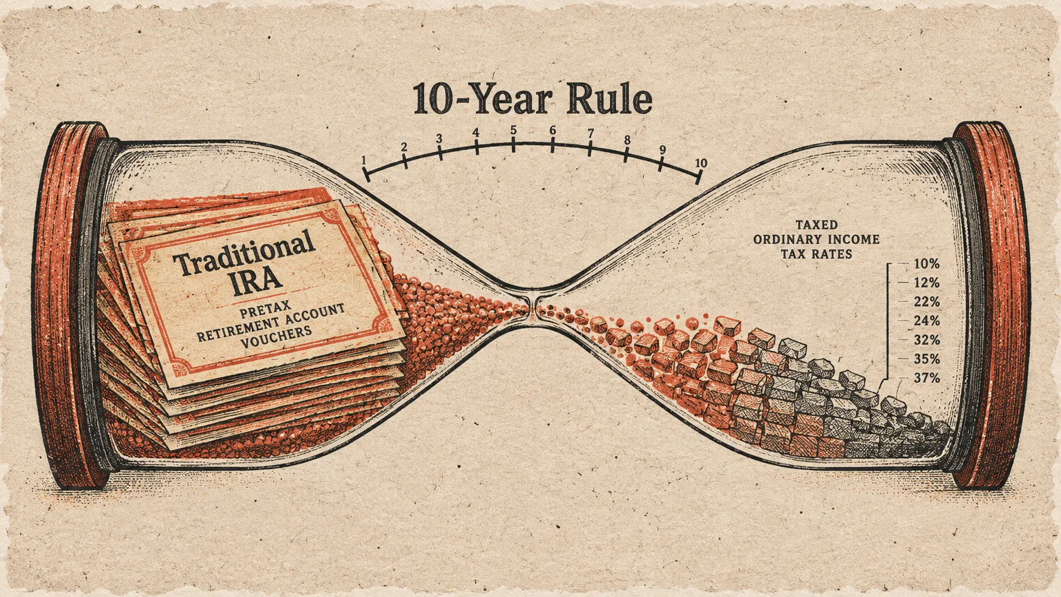 Horizontal hourglass illustration with Traditional IRA vouchers draining into ordinary income tax rate brackets.