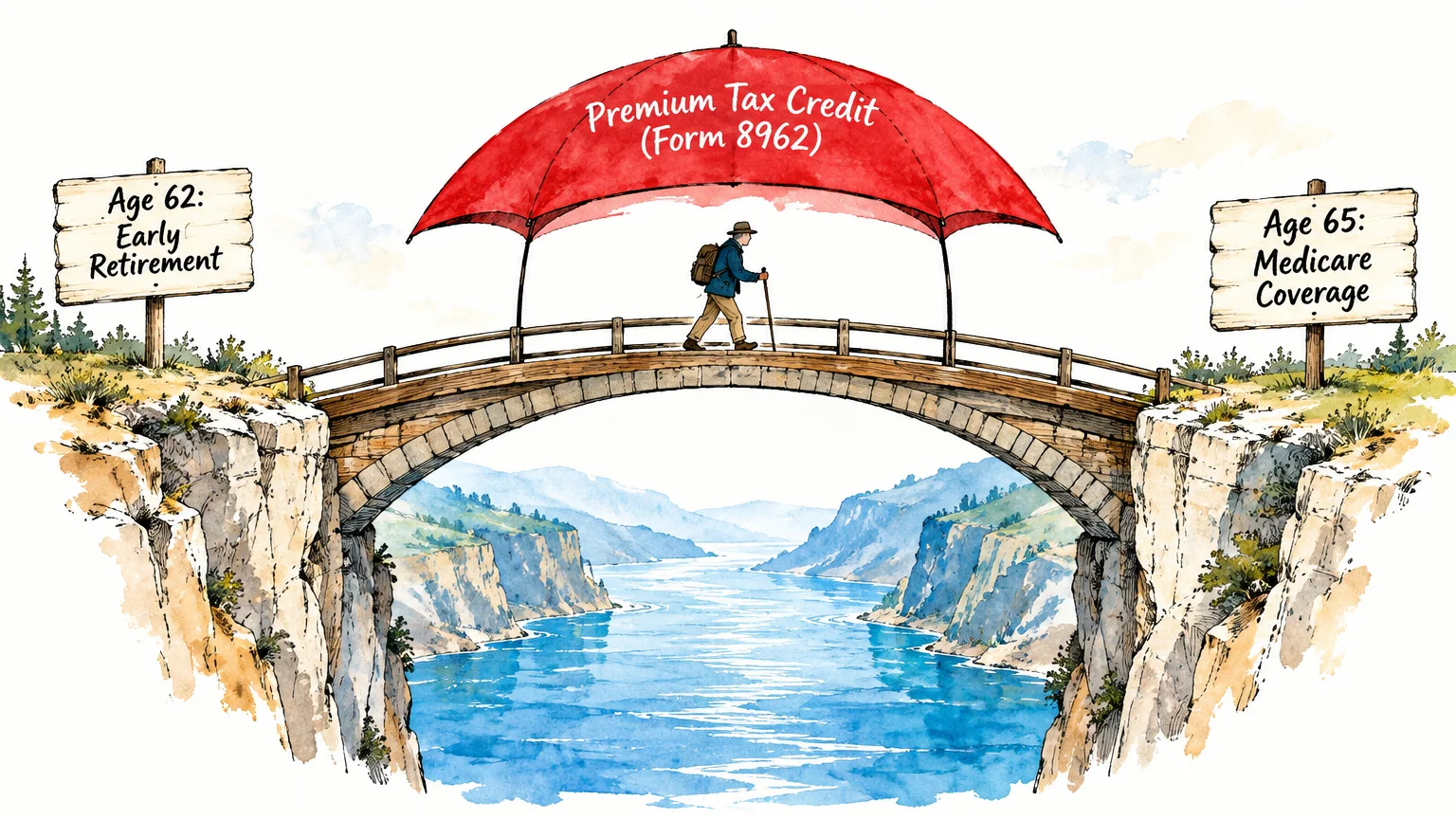 Illustration of a hiker crossing a bridge between signs for Age 62 and Age 65, sheltered by a red umbrella.