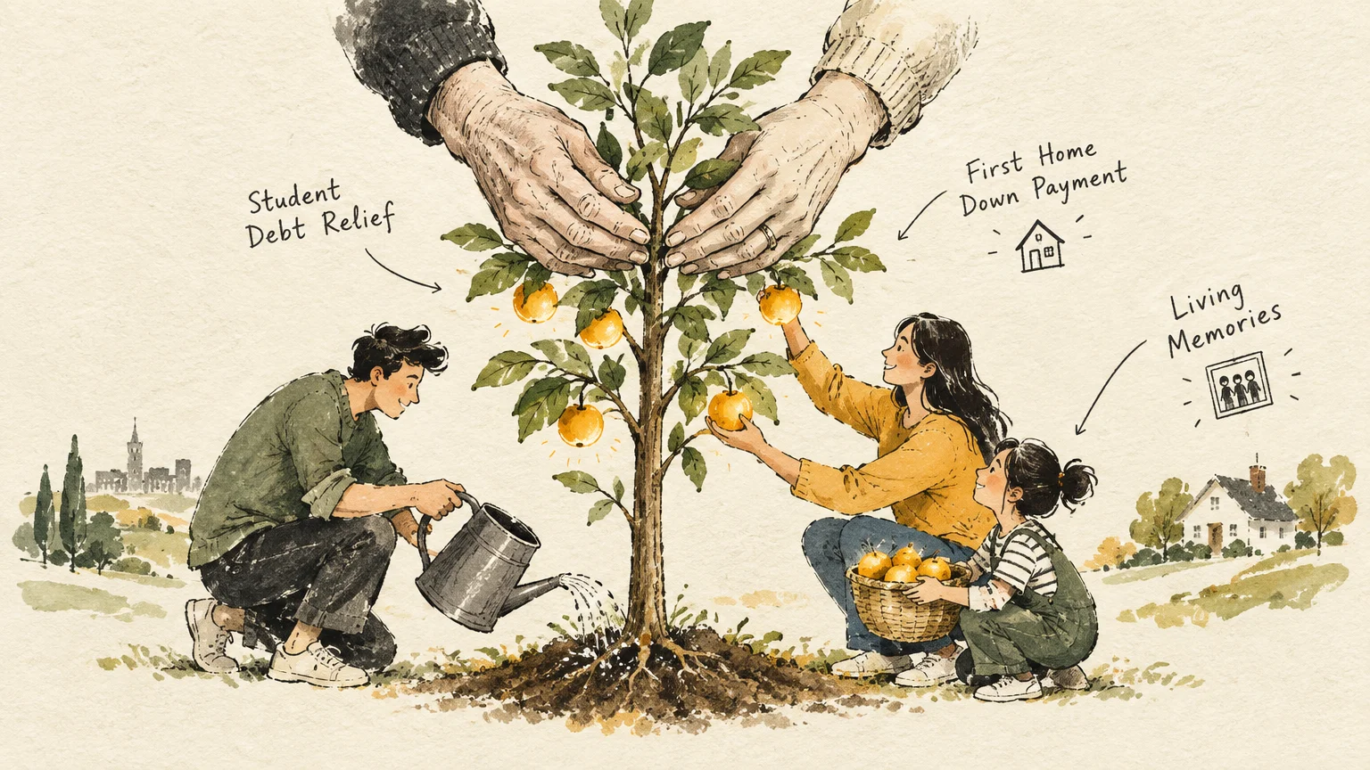 Illustration of elderly hands tending a fruit tree while a family waters the roots and gathers fruit into a basket.