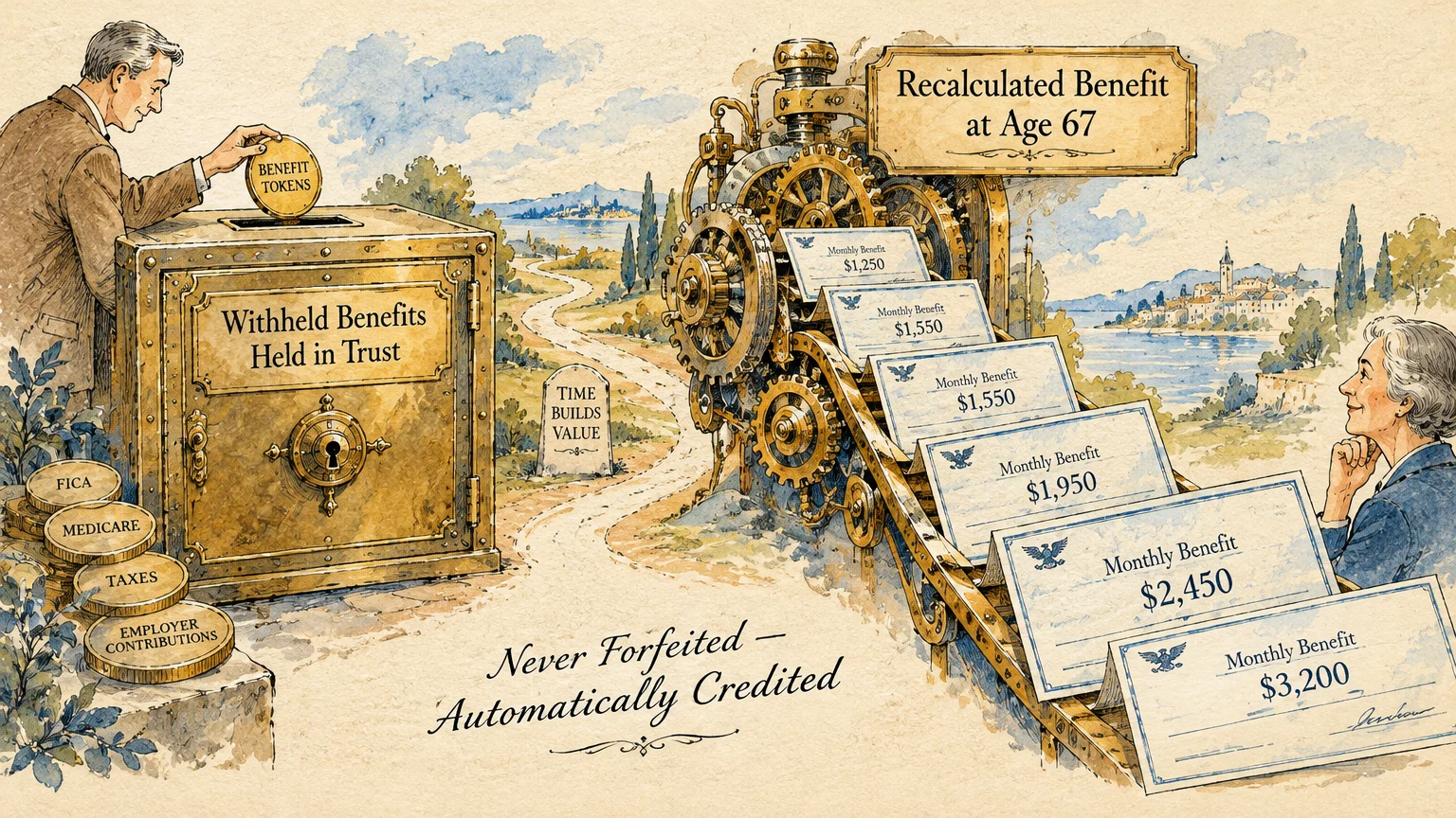 Illustration of a man placing a token into a safe connected by gears to checks of increasing value seen by a woman.