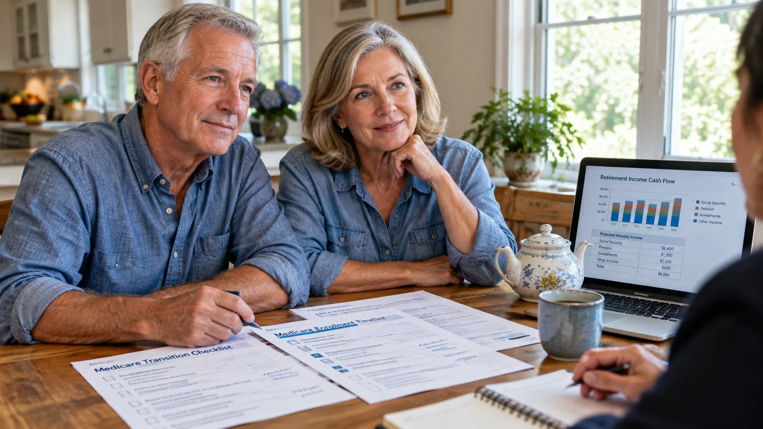Mature couple reviewing Medicare transition papers across a table from an advisor with a laptop displaying financial charts.