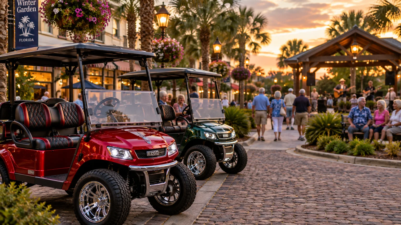 Golf carts parked along a cobblestone street as people gather near an outdoor gazebo during sunset.