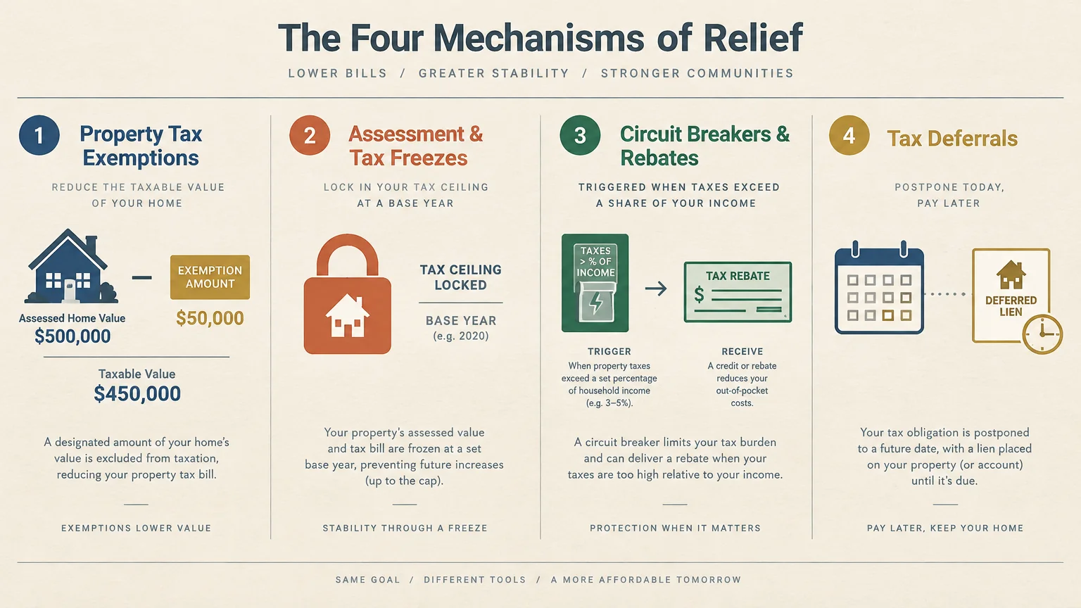 Diagram outlining four mechanisms of relief: property tax exemptions, assessment freezes, circuit breakers, and deferrals.