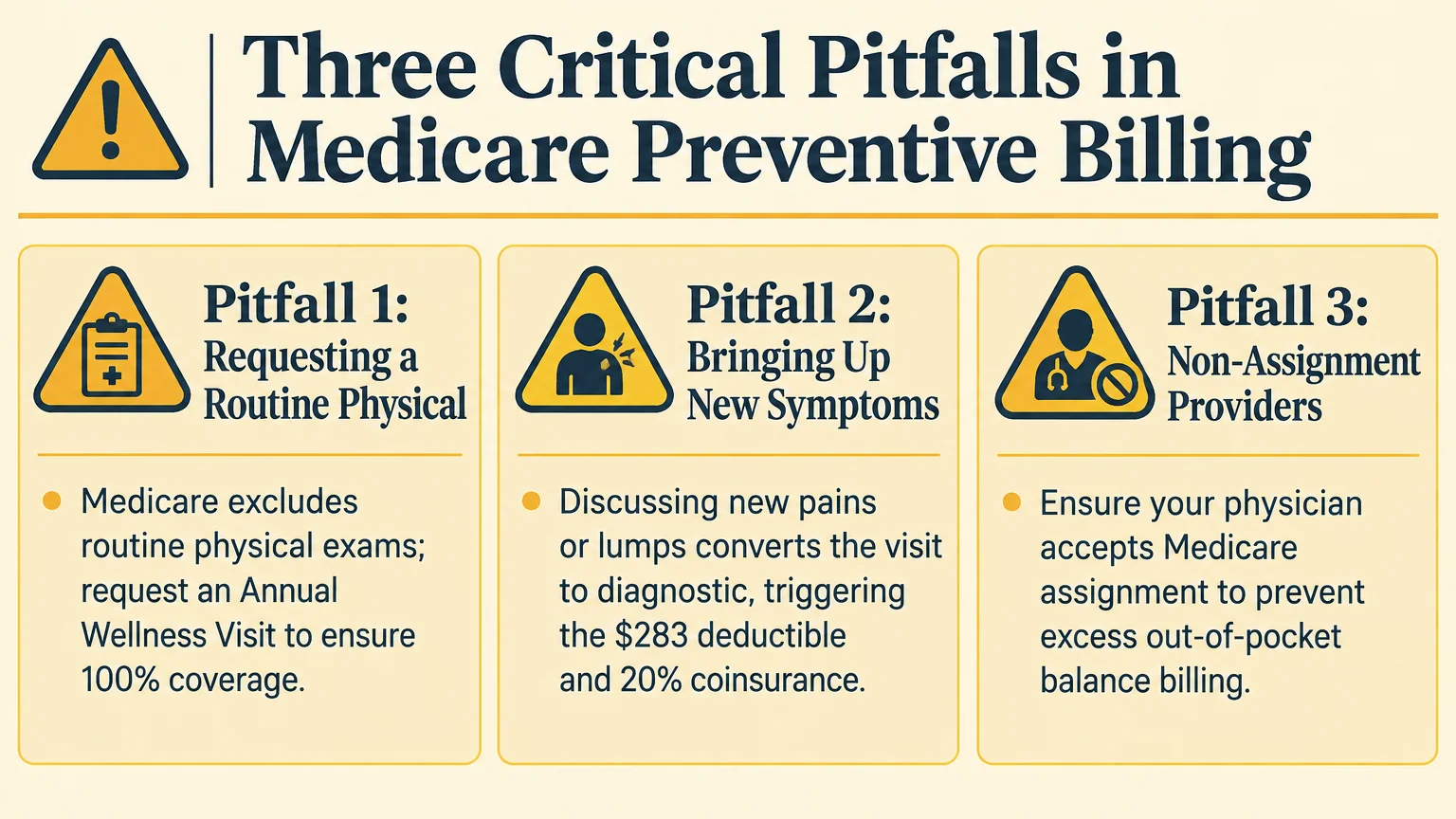 Infographic listing three critical pitfalls in Medicare preventive billing with warning icons across yellow panels.