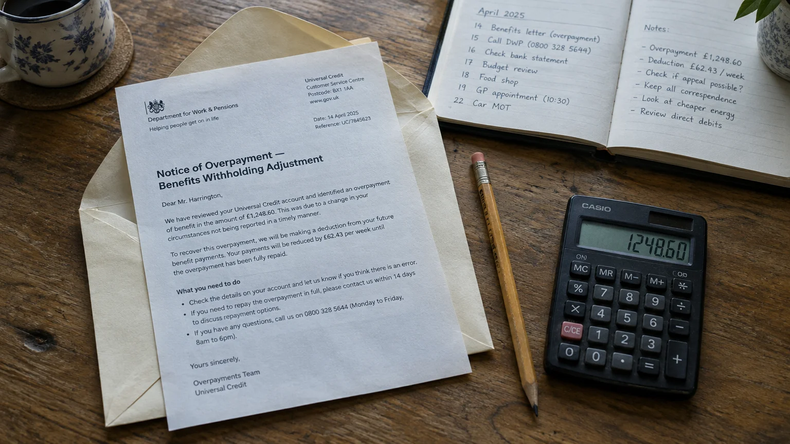 A Notice of Overpayment letter on a wooden desk next to a calculator, pencil, notebook, and coffee mug.