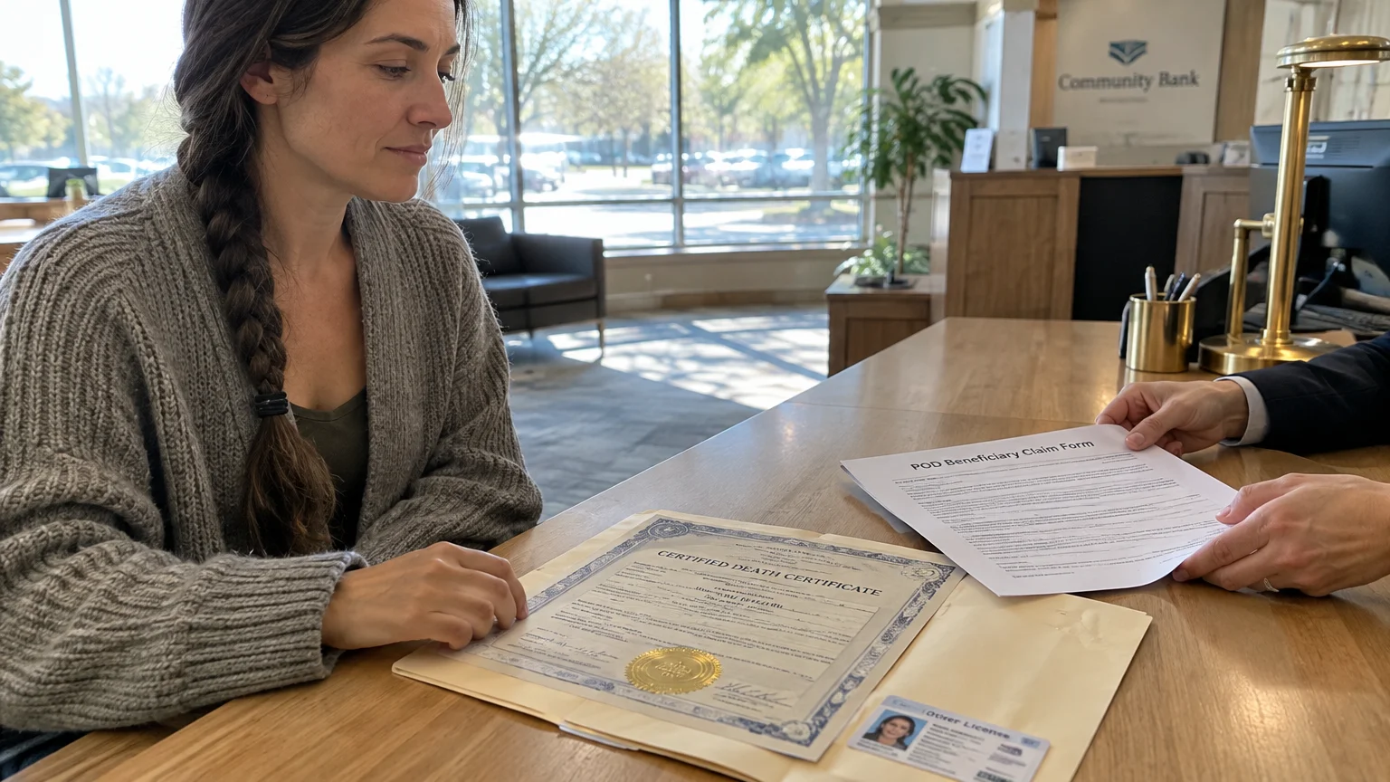 A woman sitting at a bank desk presenting a certified death certificate and ID to claim POD beneficiary funds.