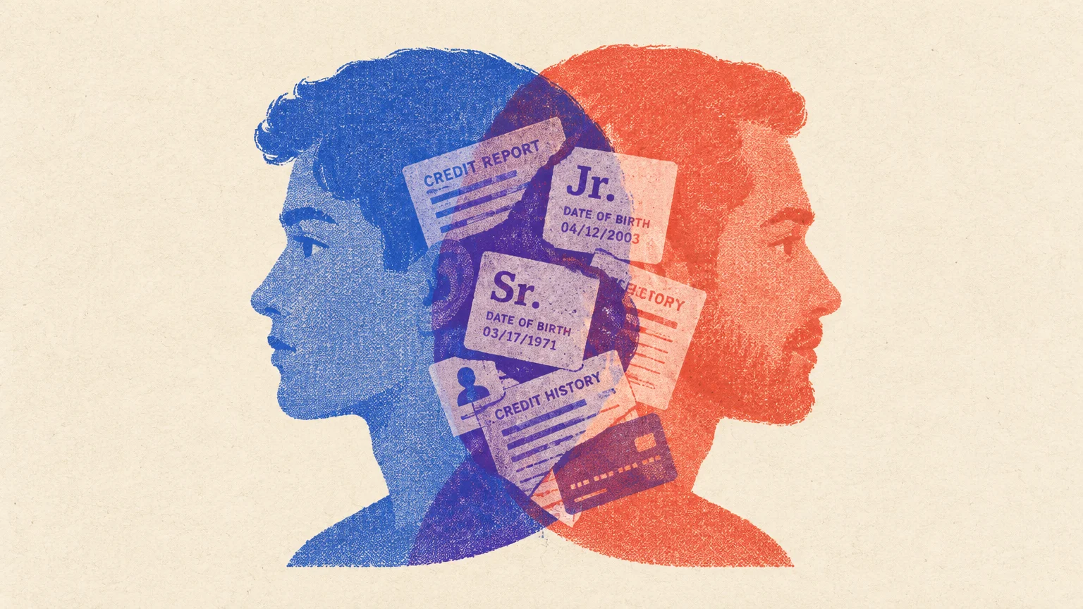 Illustration of overlapping blue and red profile silhouettes of two men with mingled credit reports, Jr., and Sr. cards.