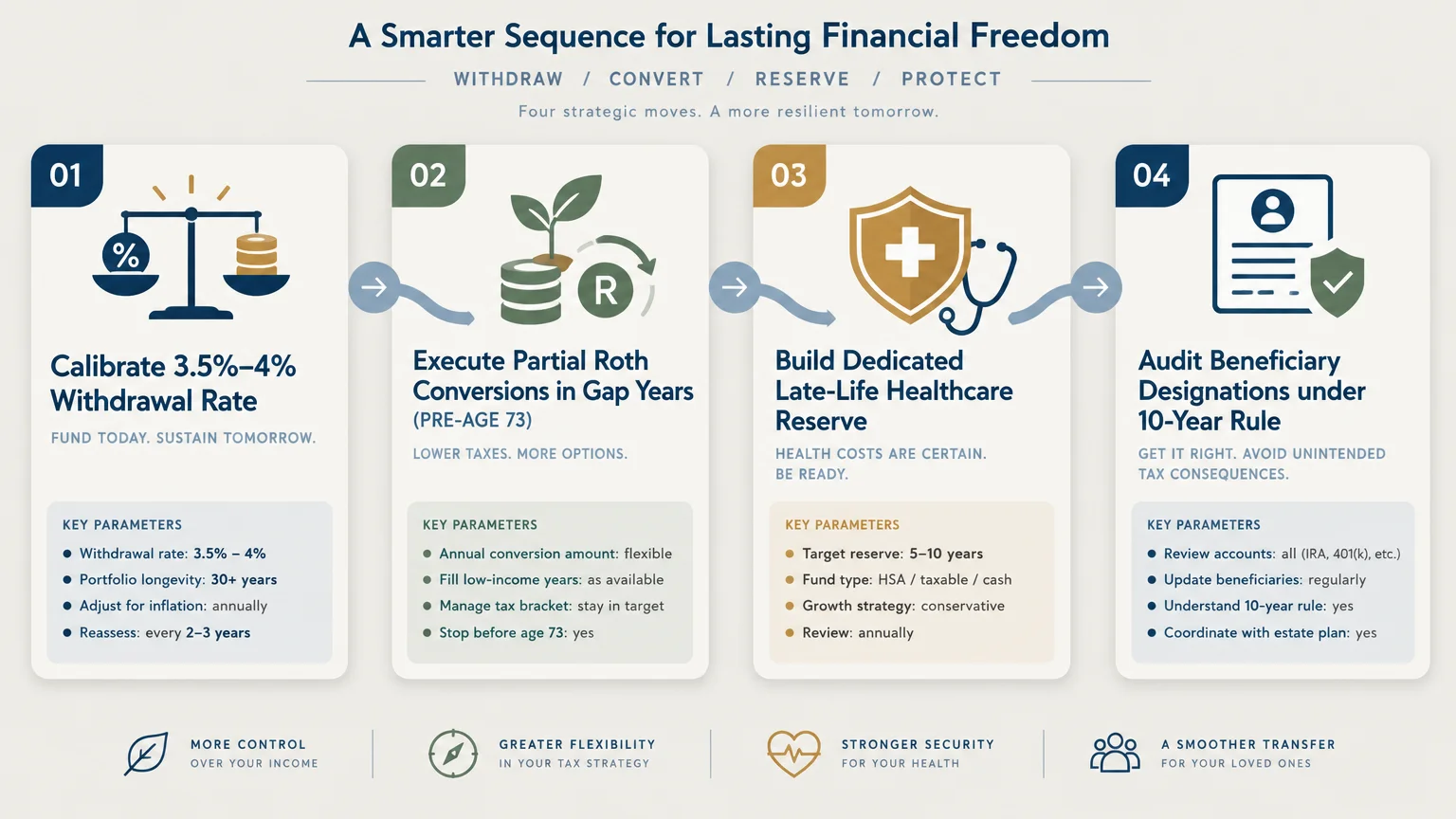 Diagram of four retirement steps: withdrawal rates, partial Roth conversions, healthcare reserves, and beneficiary audits.