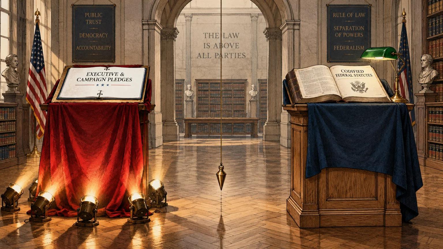 Illustration of two podiums in a grand hall holding open books labeled executive pledges and codified federal statutes.