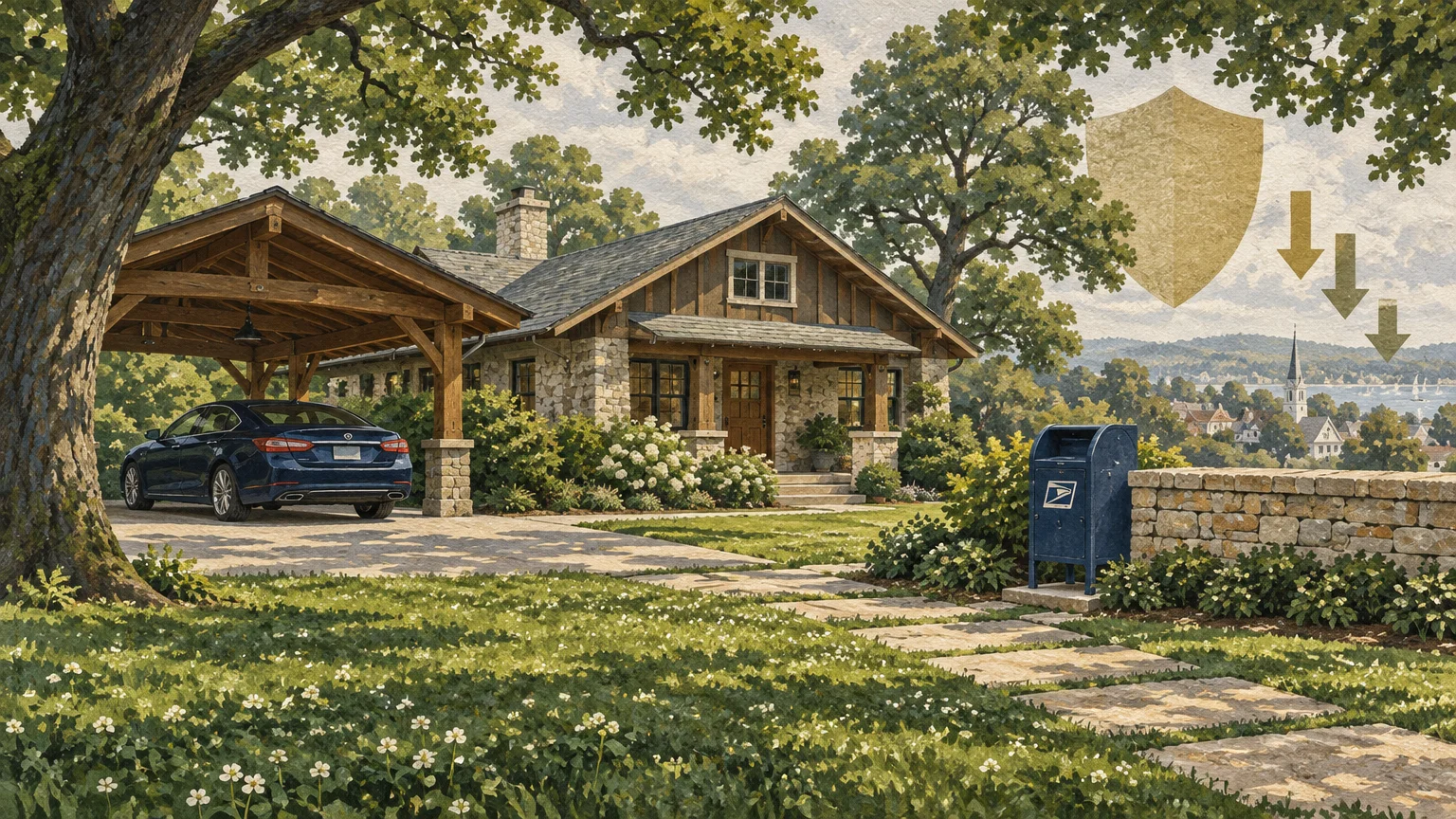 Stone cottage with a parked car under a carport, a blue mailbox, and a golden shield icon with downward arrows.
