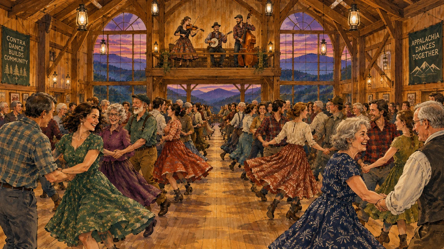 Illustration of people contra dancing in lines inside a rustic wooden barn while musicians play on an overhead balcony.