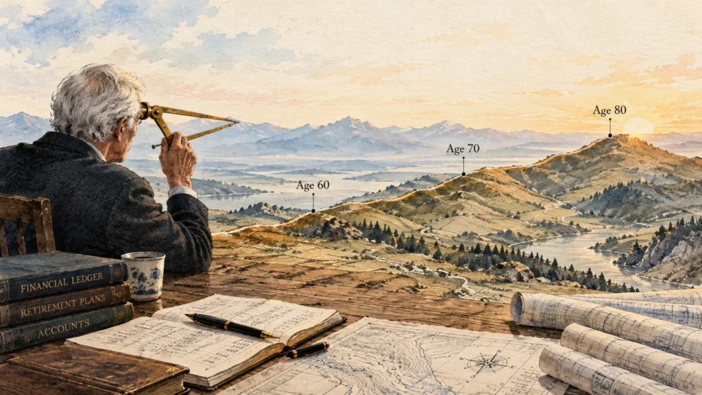 An older man with drafting tools overlooks a landscape labeled with ages 60, 70, and 80 along mountain ridges.